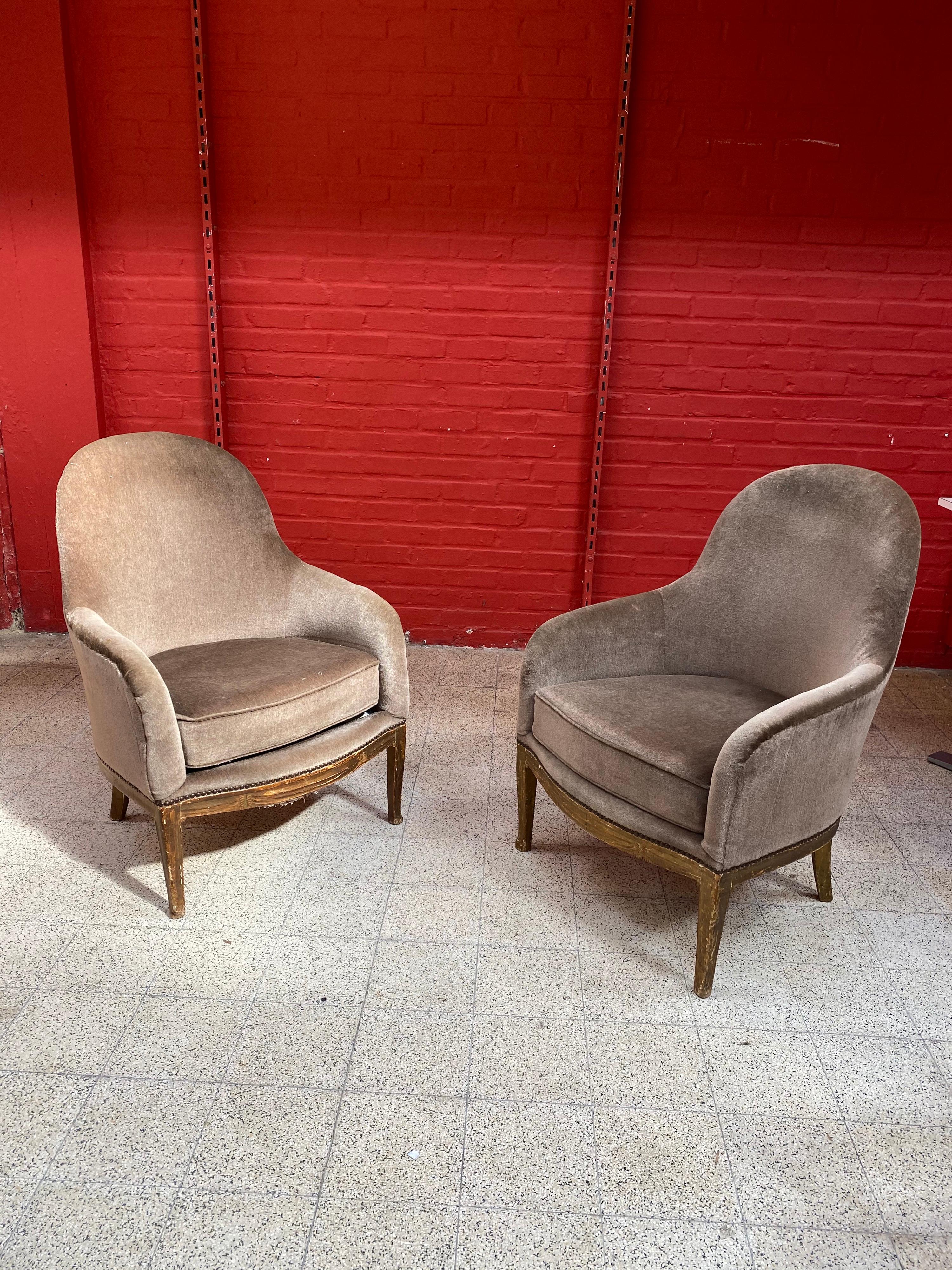 Pair of Art Deco armchairs in the style of Léon Jallot circa 1925 wood and velvet.