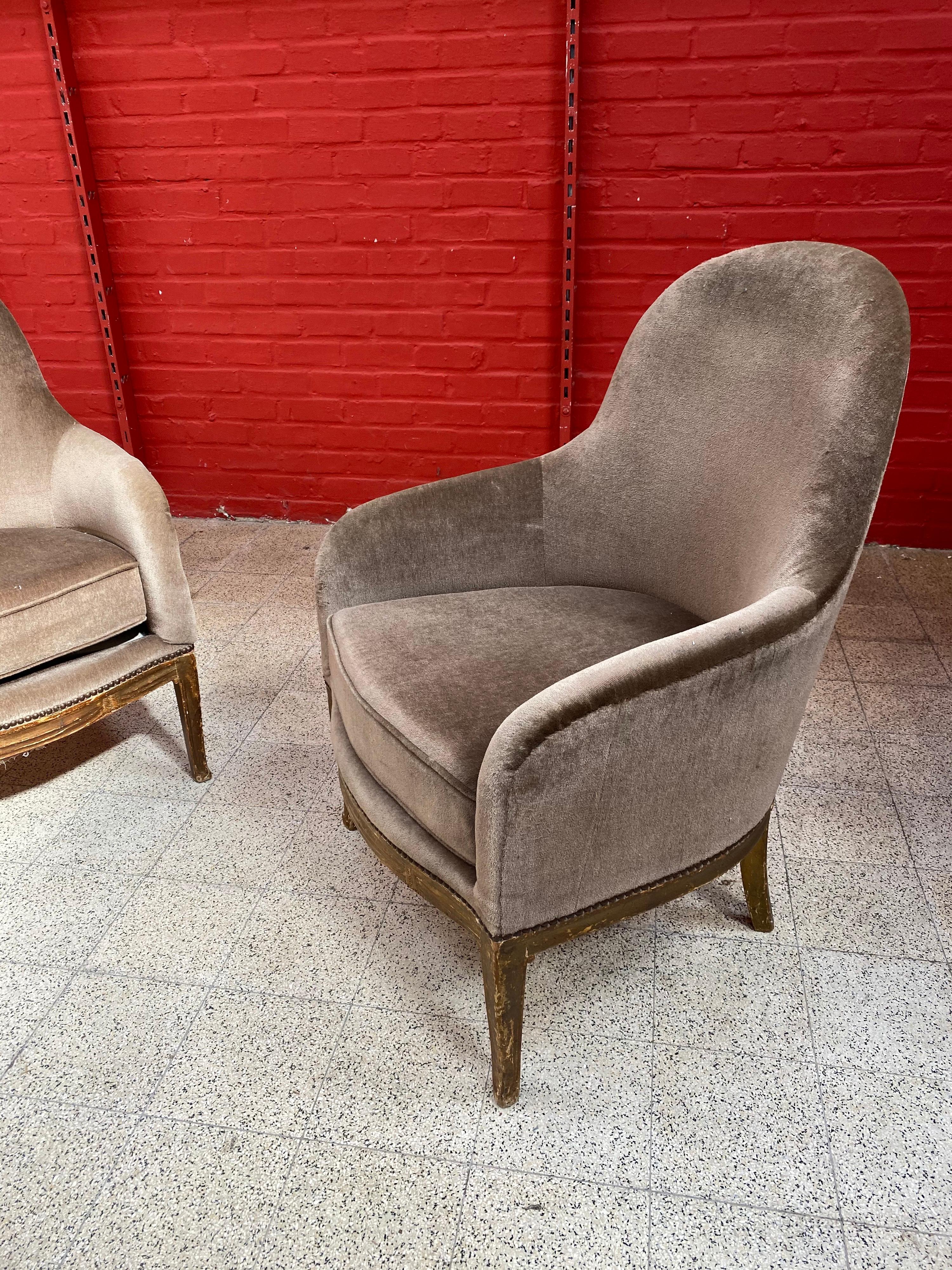 Velvet Pair of Art Deco Armchairs in the Style of Léon Jallot circa 1925