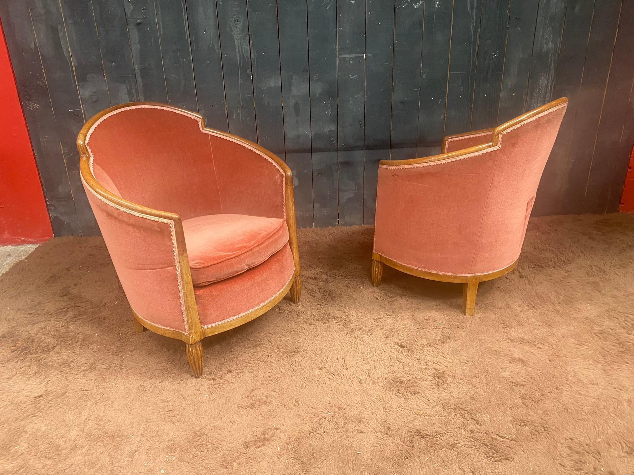 Pair of Art Deco armchairs in walnut and velvet, circa 1930