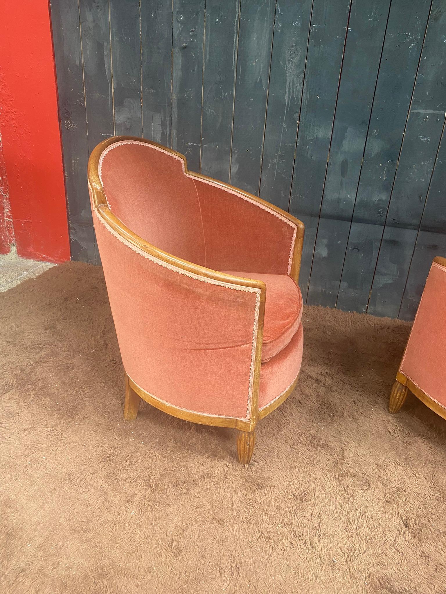 French Pair of Art Deco Armchairs in Walnut and Velvet, circa 1930