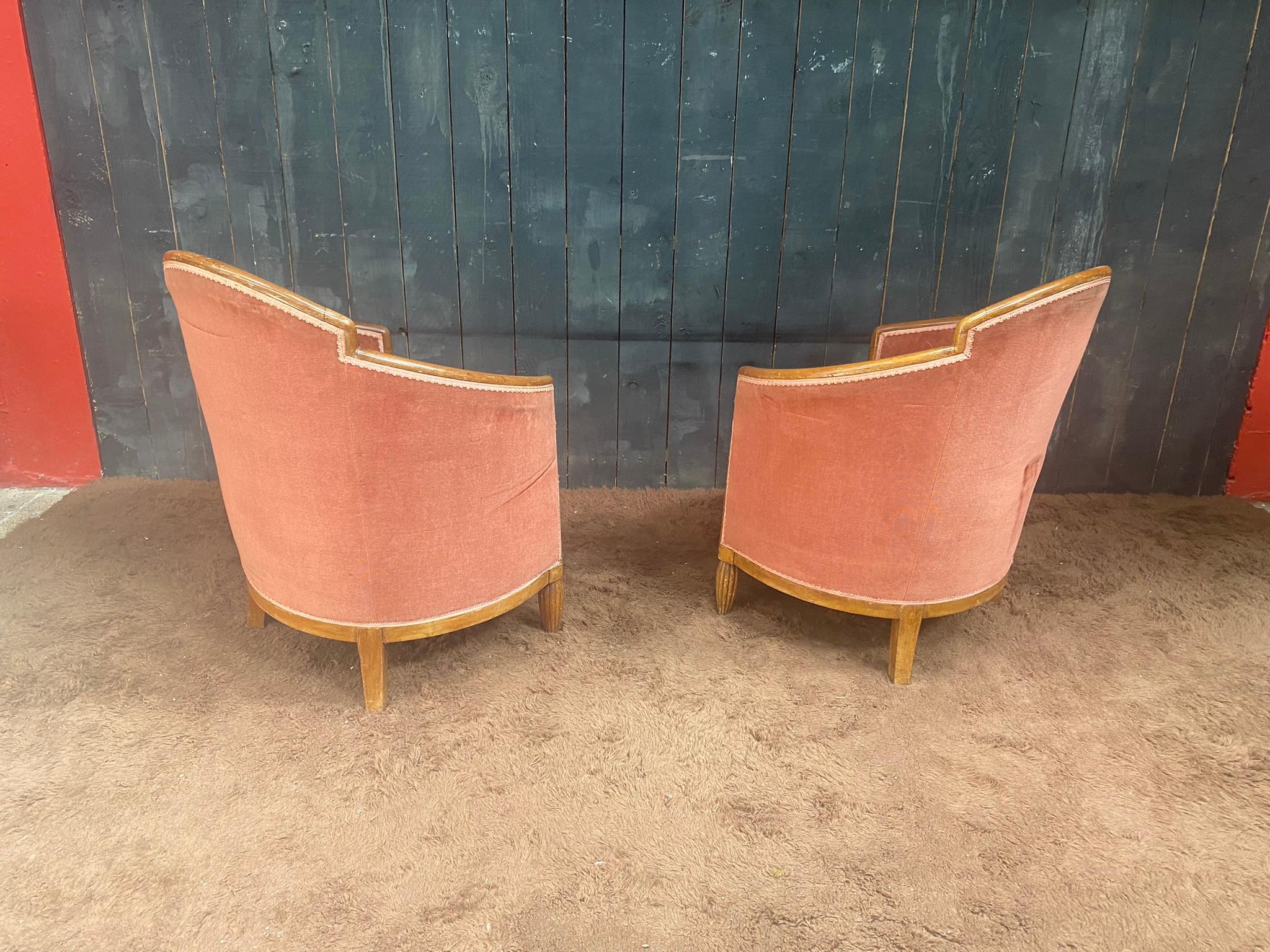 Pair of Art Deco Armchairs in Walnut and Velvet, circa 1930 In Good Condition In Saint-Ouen, FR