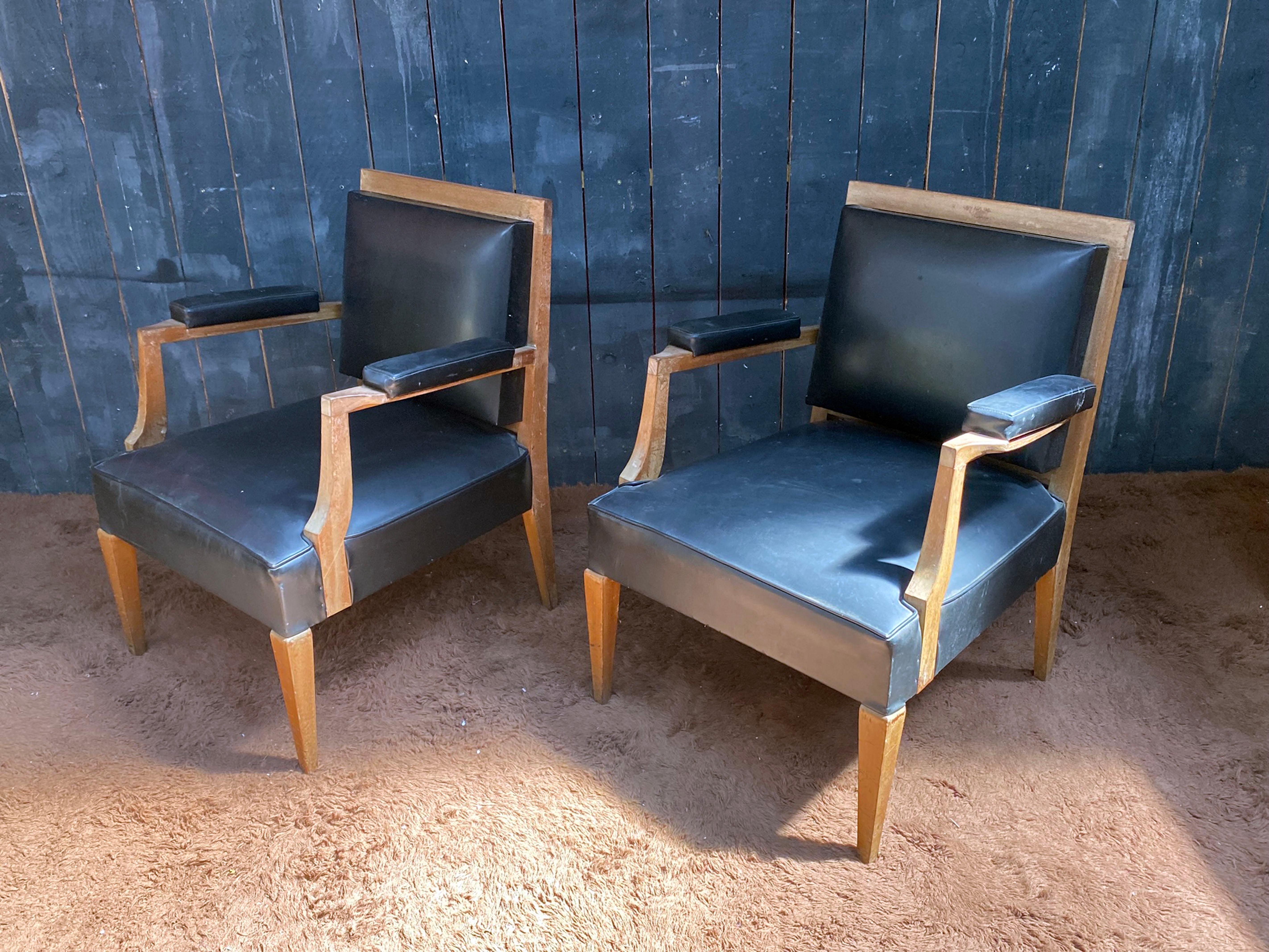 Faux Leather Pair of Art Deco Armchairs in Walnut in the Style of Andre Arbus, circa 1940