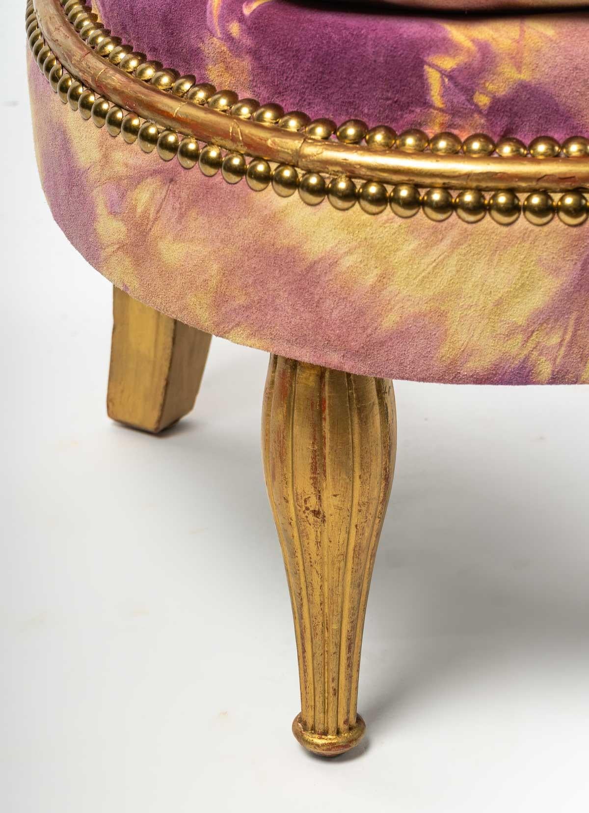 Zwei reizende kleine Sessel aus vergoldeter Buche, Art Deco, die von den TWS-Werkstätten (Calais) sorgfältig restauriert und mit dem Bruch eines herrlichen Leders aus dem renommierten Maison de Couture überarbeitet wurden: Jean-Paul Gautier, genau