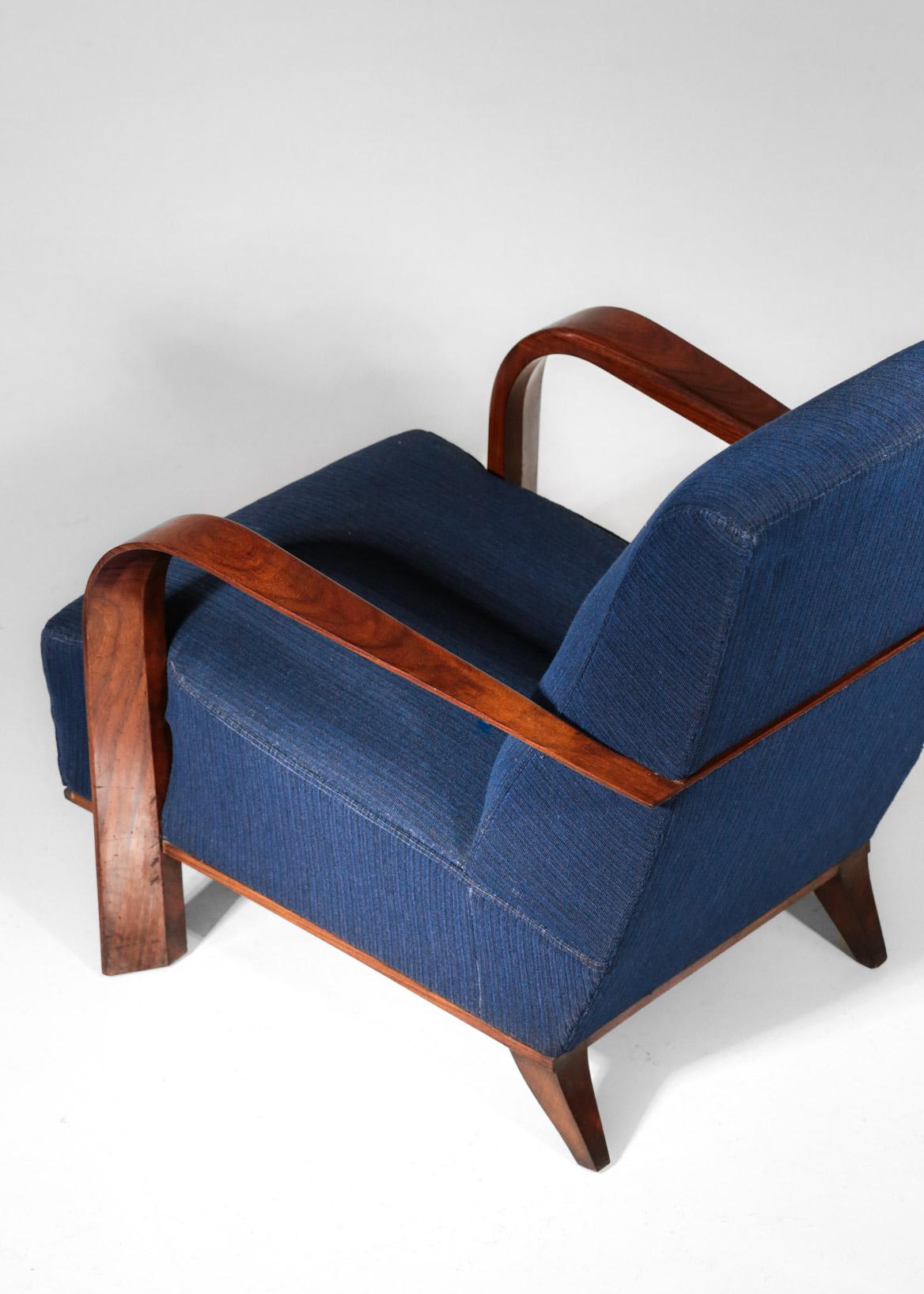 Pair of Art Deco Armchairs in Jules Leleu Style, Dark Blue 6