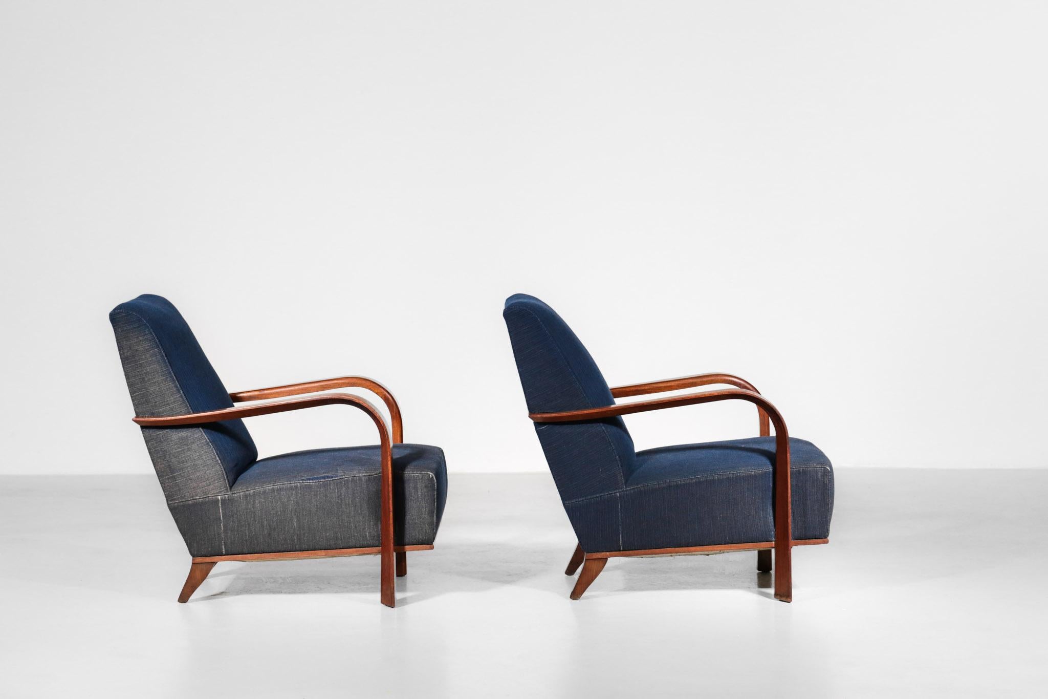 Pair of Art Deco Armchairs in Jules Leleu Style, Dark Blue 8