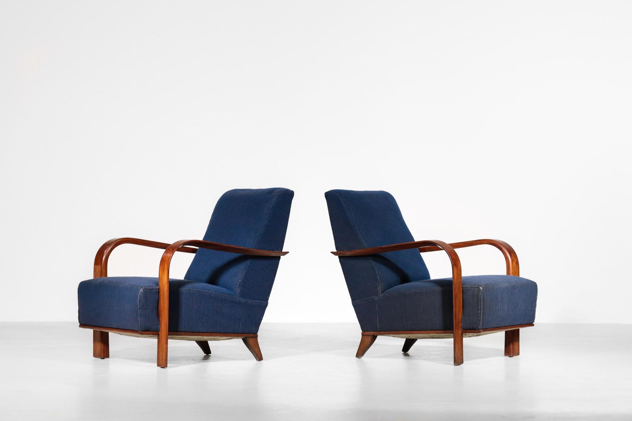 French Pair of Art Deco Armchairs in Jules Leleu Style, Dark Blue