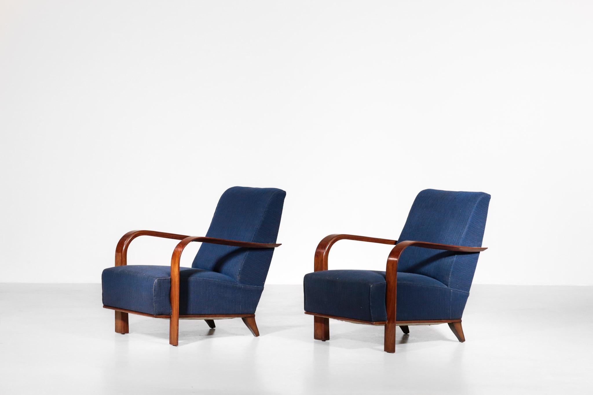Pair of Art Deco Armchairs in Jules Leleu Style, Dark Blue In Fair Condition In Lyon, FR