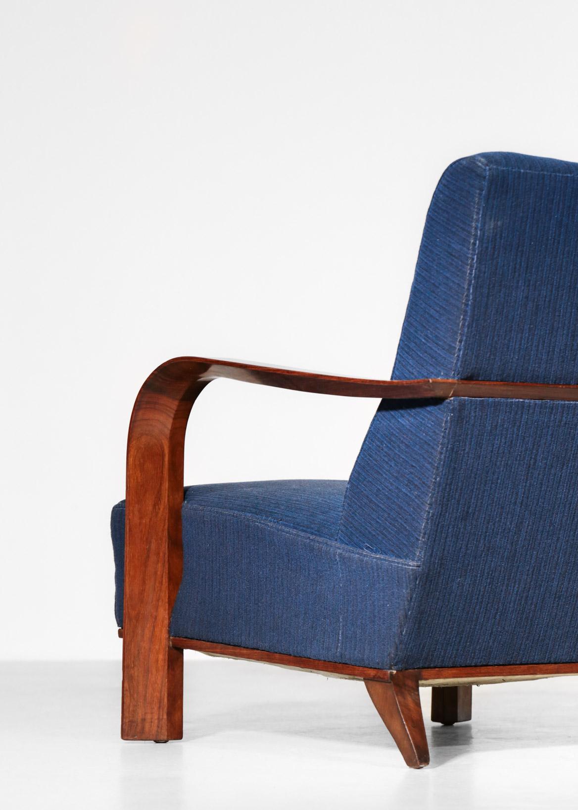 Fabric Pair of Art Deco Armchairs in Jules Leleu Style, Dark Blue
