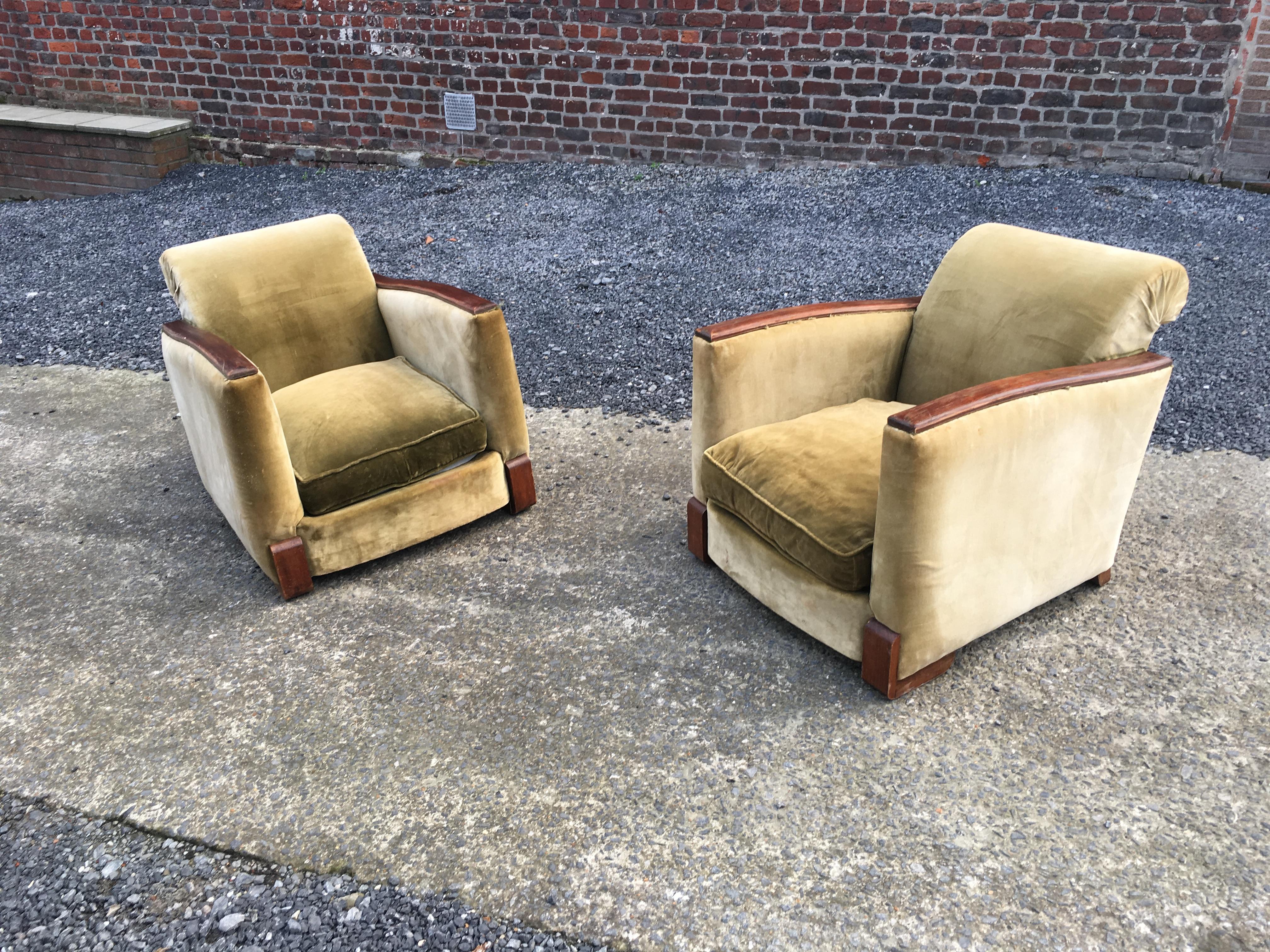 French Pair of Art Deco Armchairs, Mahogany and Fabric, circa 1930 For Sale