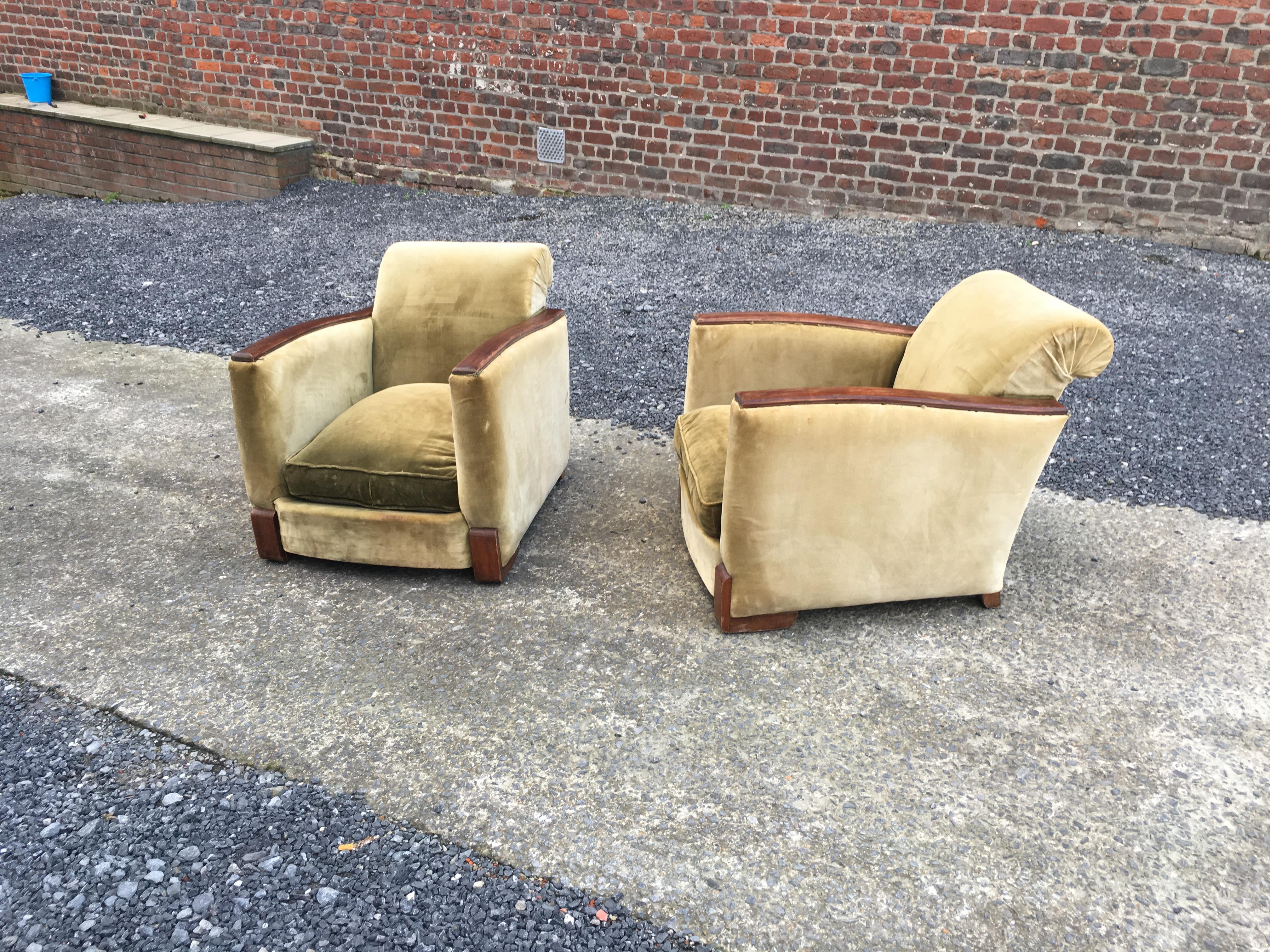 Pair of Art Deco Armchairs, Mahogany and Fabric, circa 1930 For Sale 3