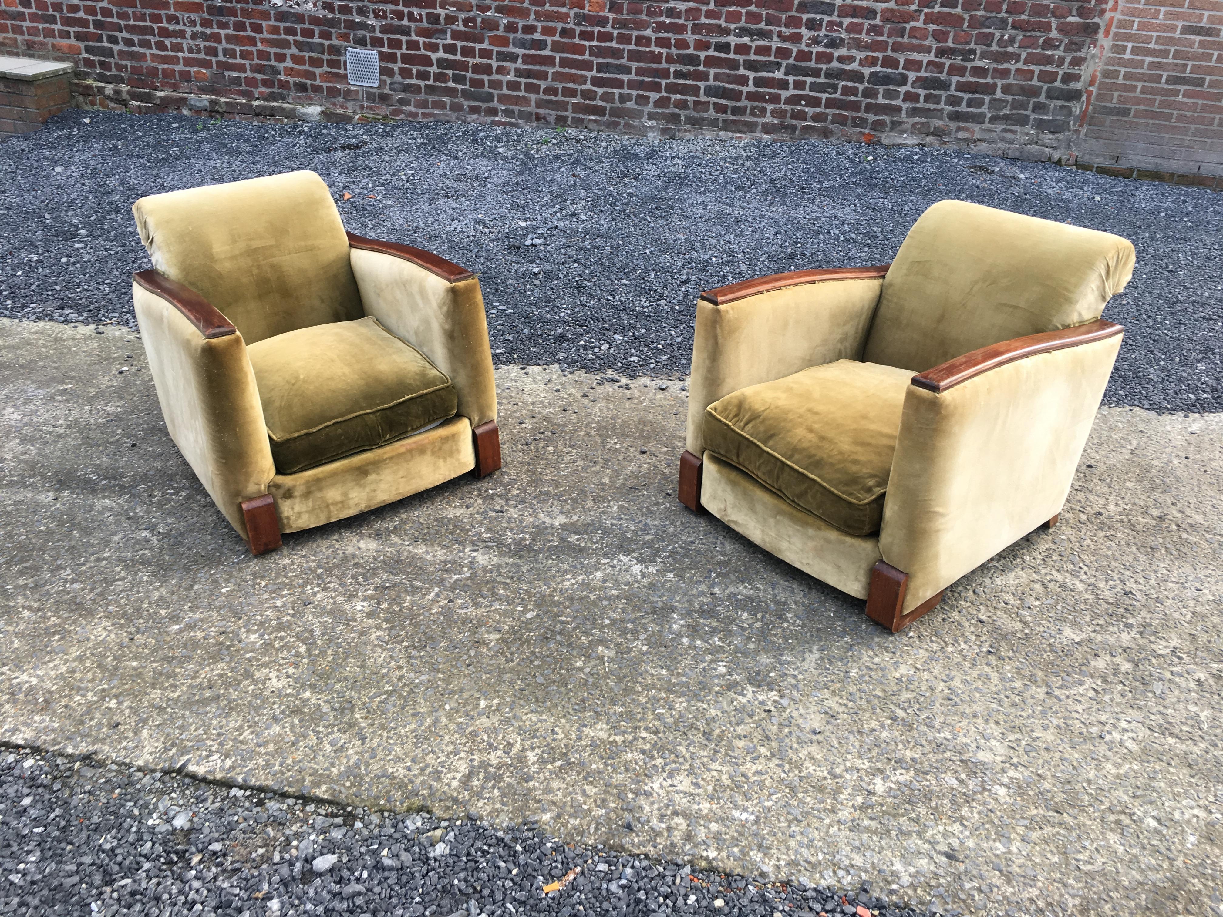 Pair of Art Deco Armchairs, Mahogany and Fabric, circa 1930 For Sale 4