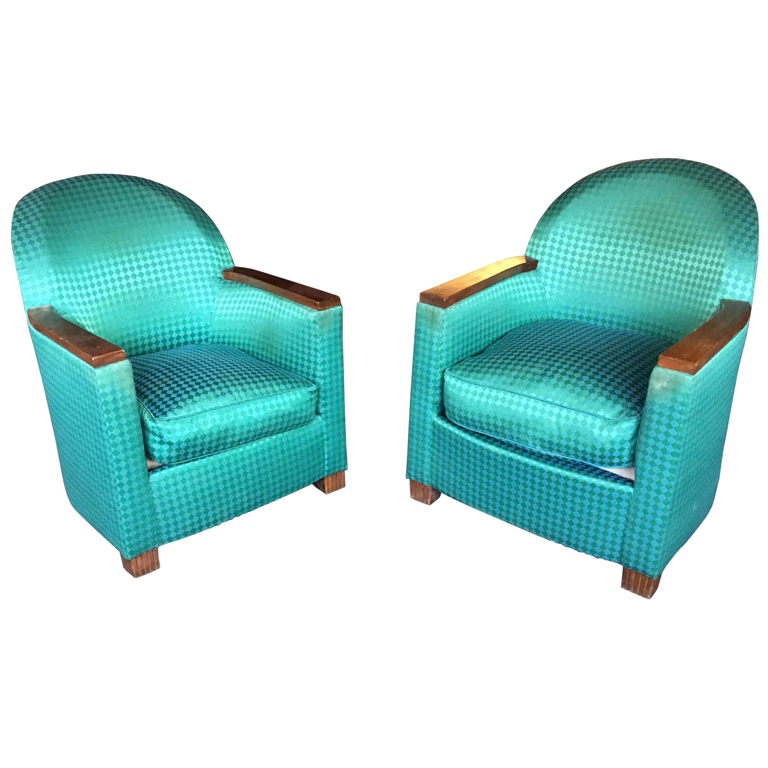 Pair of Art Deco Armchairs, Mahogany and Fabric, circa 1930 For Sale