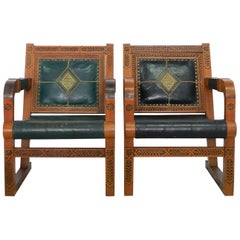 Pair of Art Deco Armchairs Moorish Leather Rare Campaign Chairs, Morocco