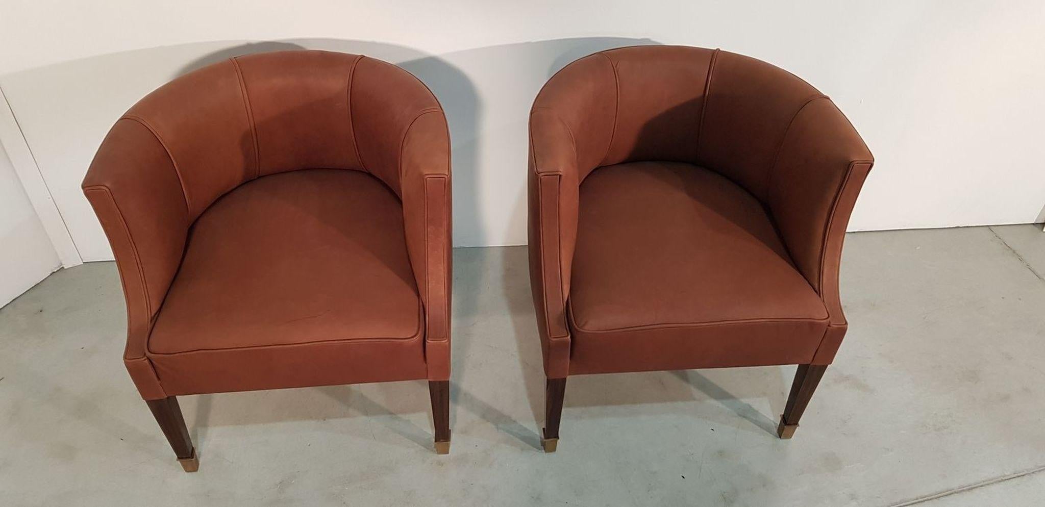 Mid-20th Century Pair of Art Deco Armchairs on Walnut Legs Covered Brown Leather, Hungary, 1930s For Sale
