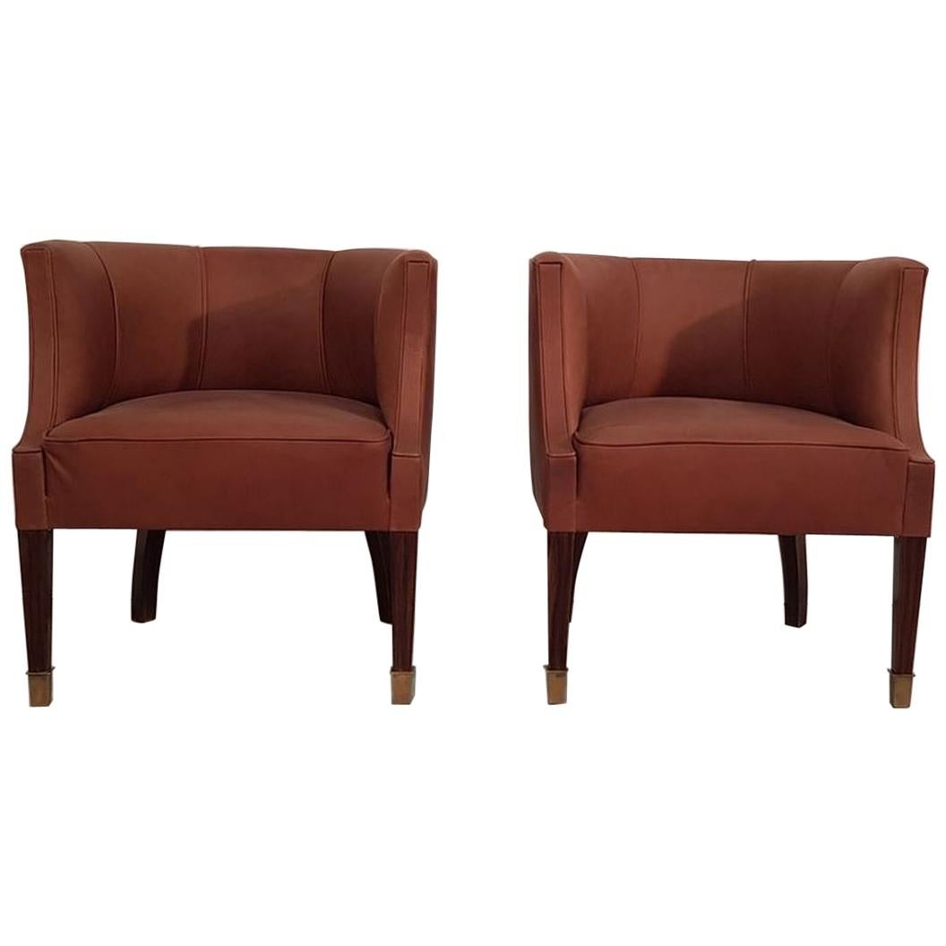 Pair of Art Deco Armchairs on Walnut Legs Covered Brown Leather, Hungary, 1930s For Sale