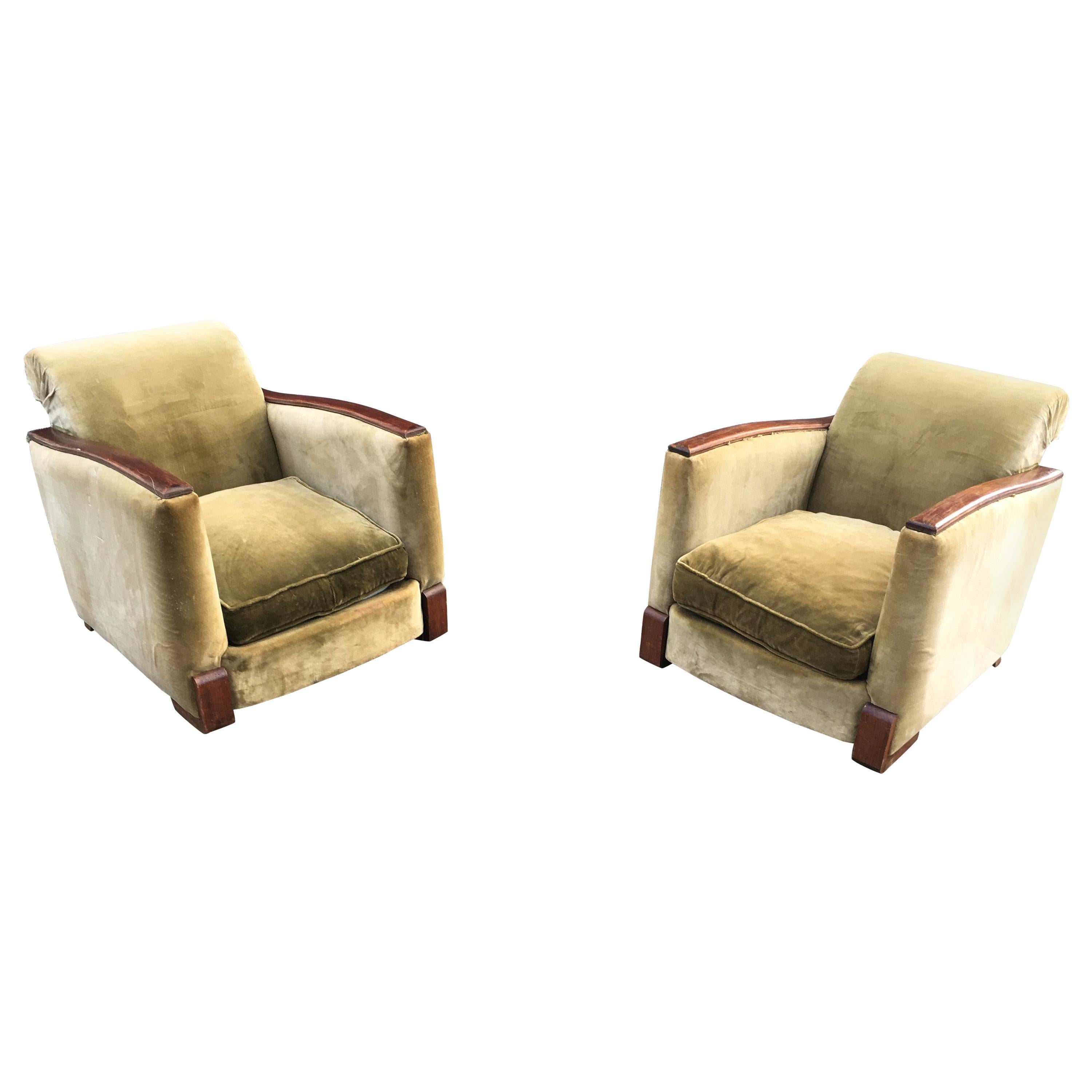 Coppia di poltrone Art Déco, noce e tessuto, circa 1930