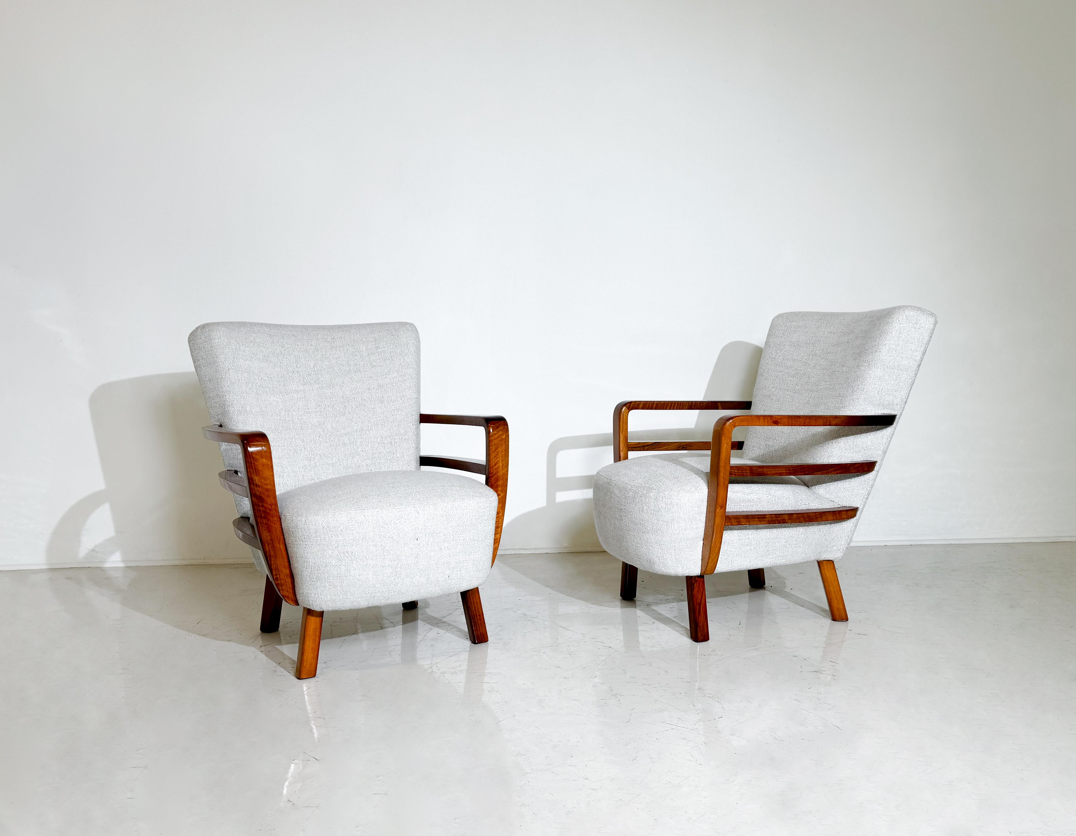 20th Century Pair of Art Deco Armchairs, Walnut, Hungary - New Upholstery For Sale