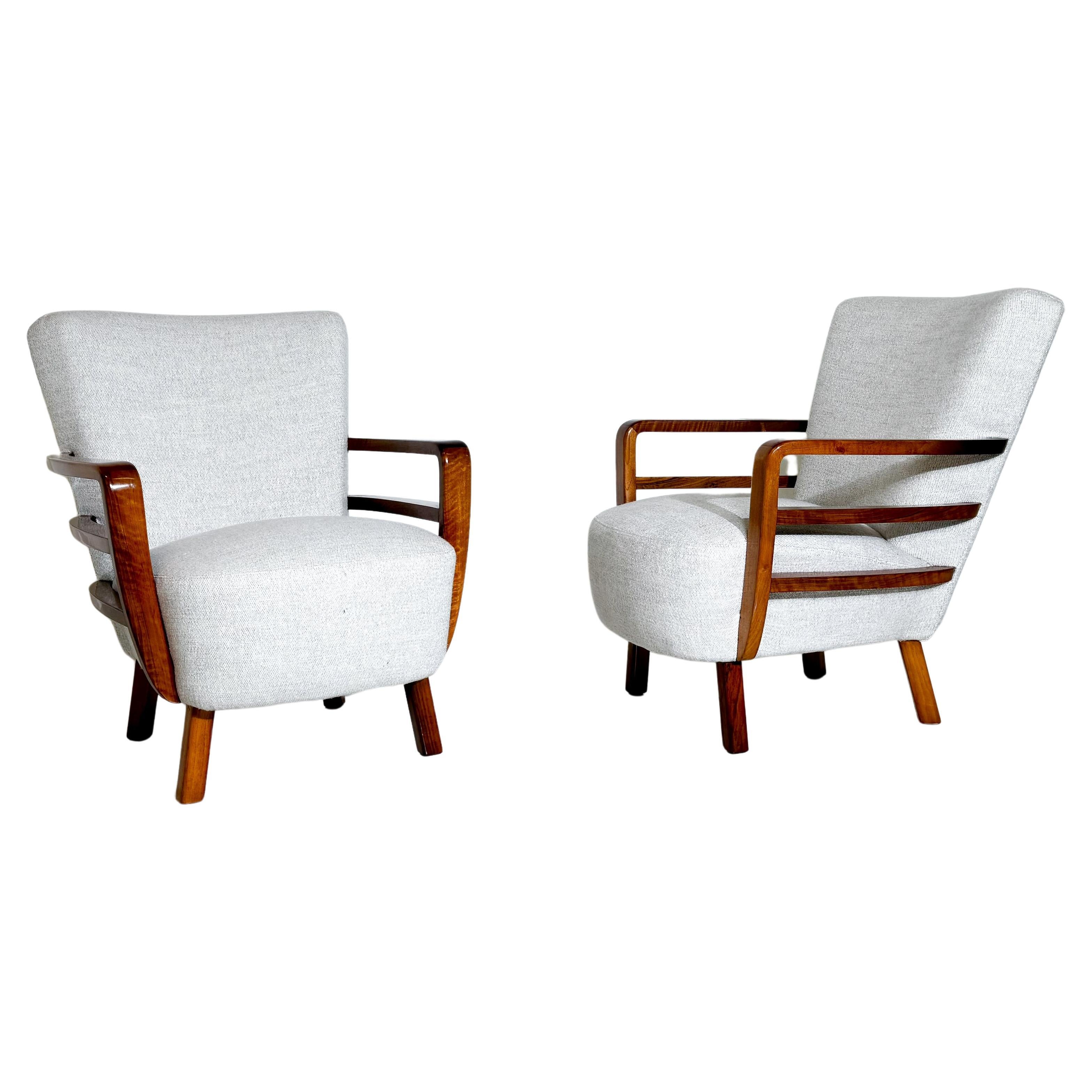 Pair of Art Deco Armchairs, Walnut, Hungary - New Upholstery For Sale
