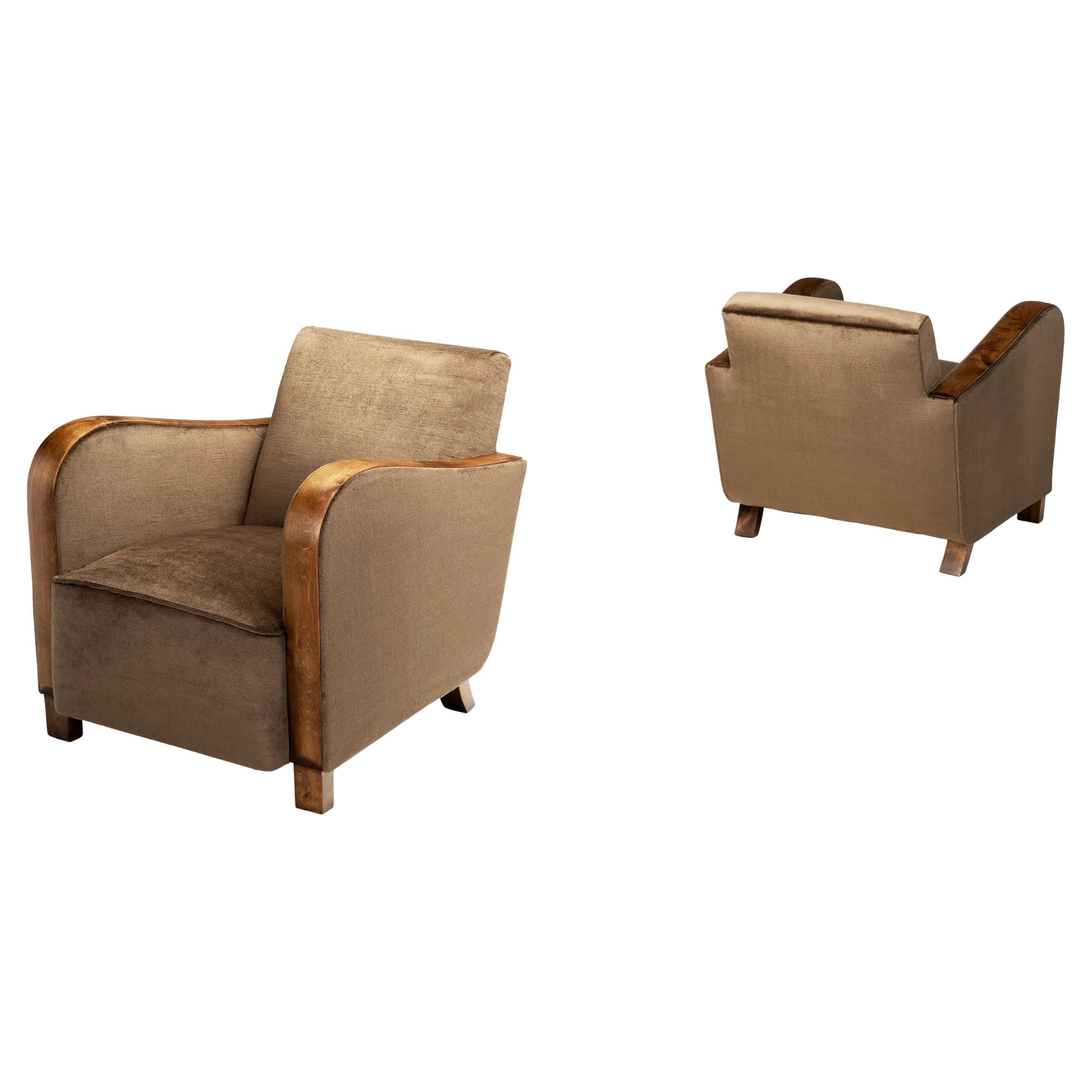 Pair of Art Deco Armchairs with Brown Upholstery, Europe ca 1930s For Sale