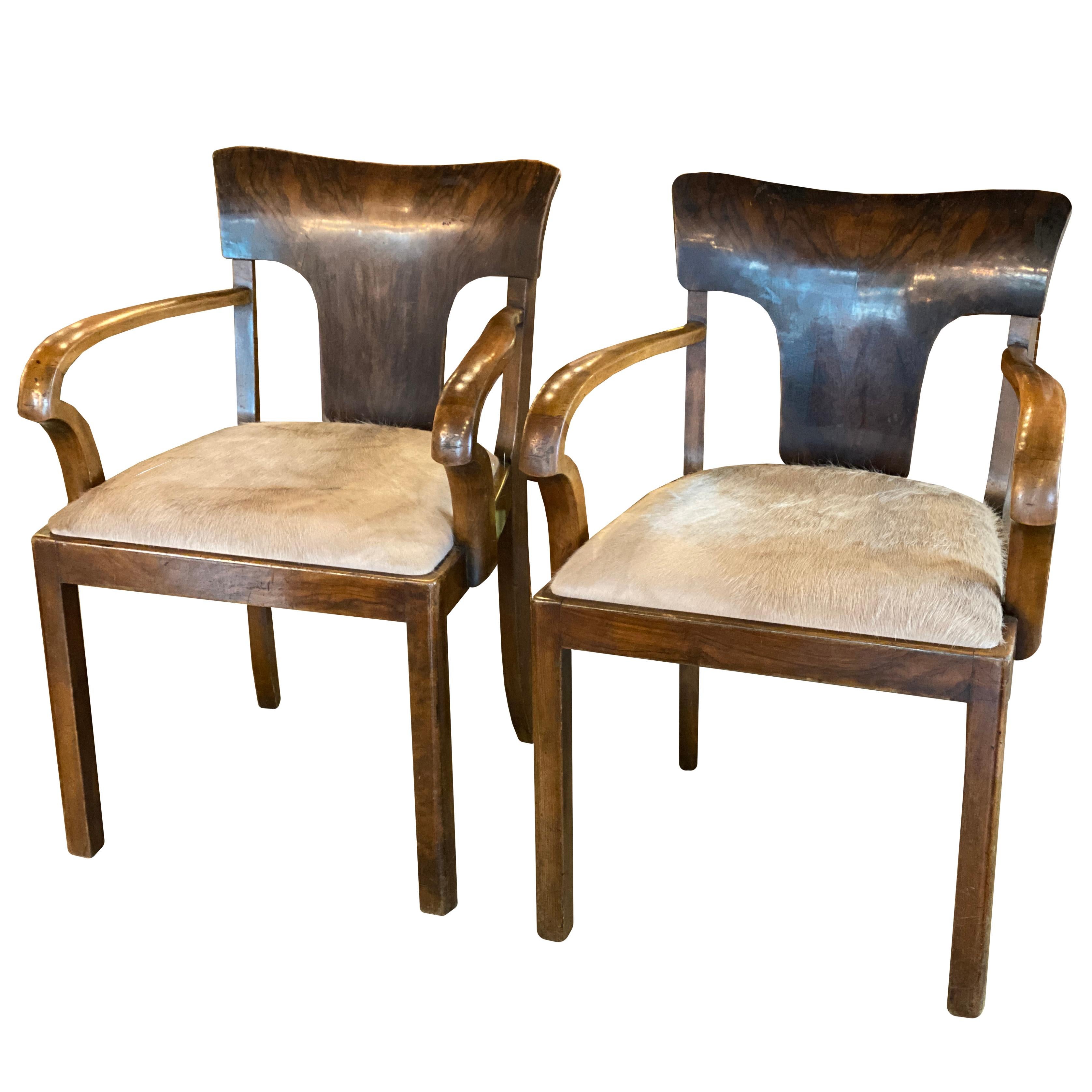 Pair of Art Deco armchairs with fine burled or flamed backs and solid wood frames. Recently updated with taupe hair-on hide upholstered seats. Comfortable and generous seats for home, dining or office. Europe, 1930's. 

Measure: Arm height: 27.5