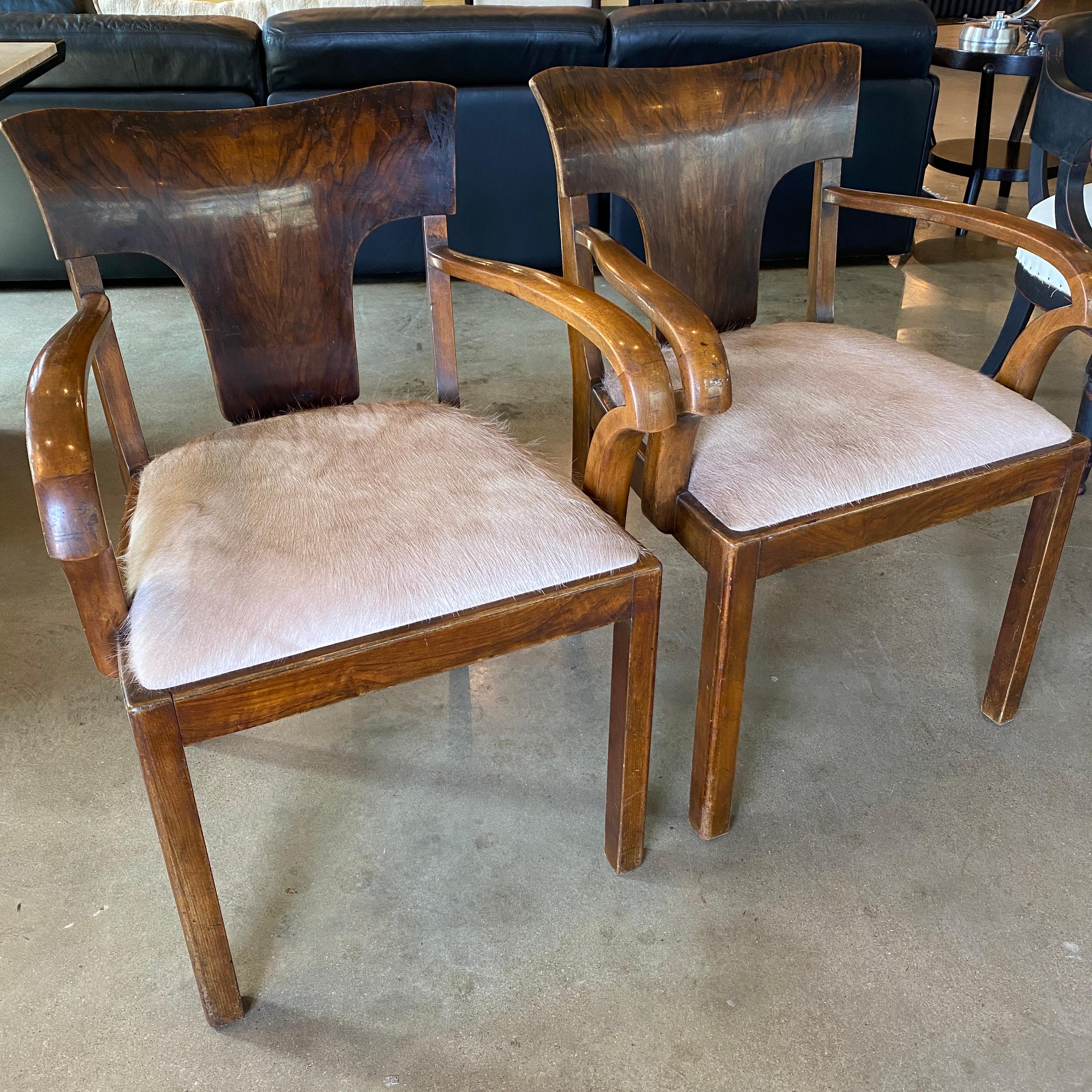 European Pair of Art Deco Armchairs with Hide Seats