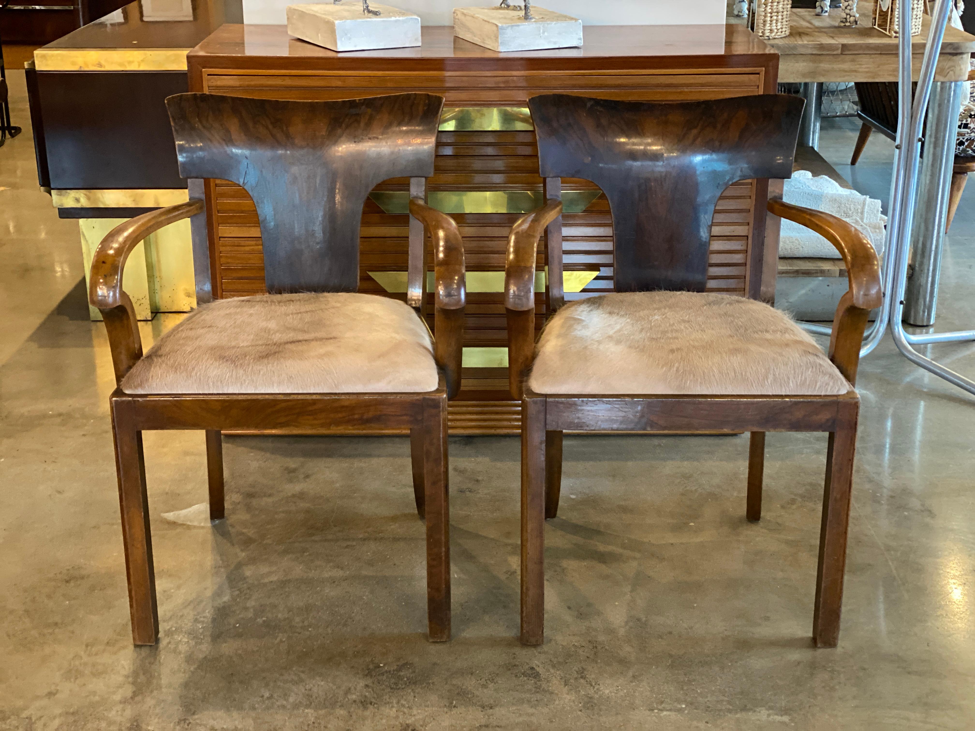 Mid-20th Century Pair of Art Deco Armchairs with Hide Seats