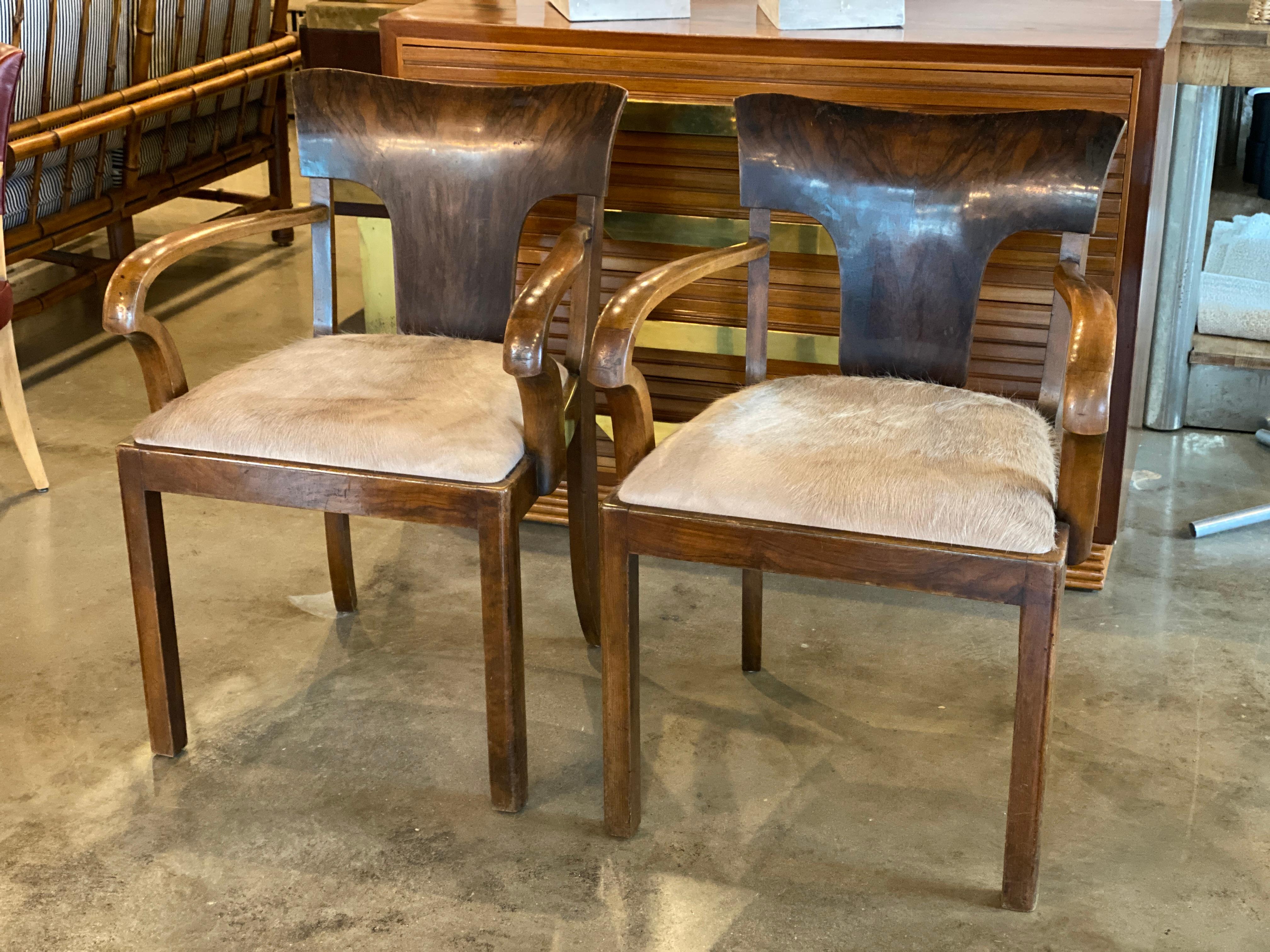 Cowhide Pair of Art Deco Armchairs with Hide Seats