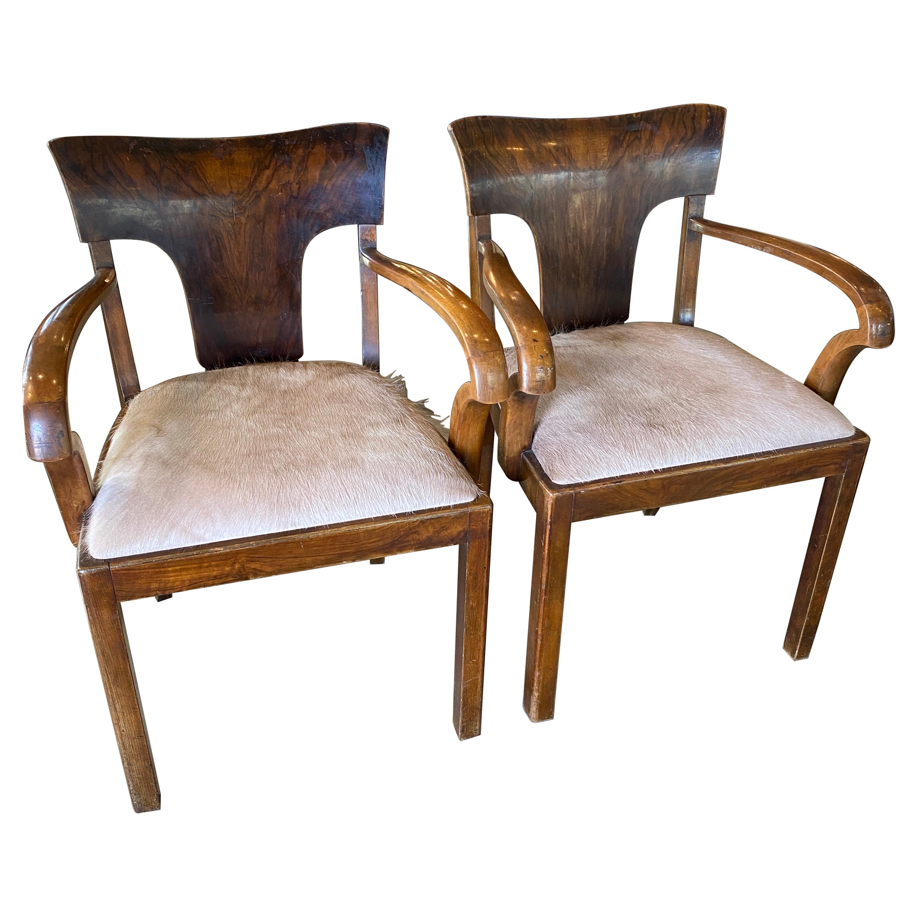 Pair of Art Deco Armchairs with Hide Seats