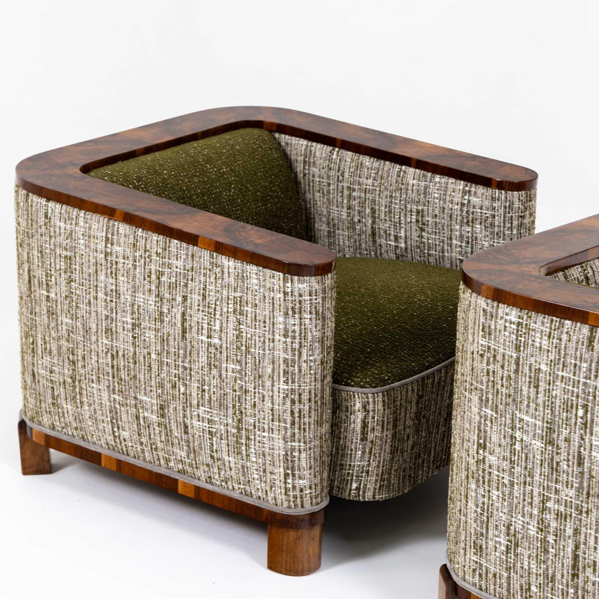 Italian Pair of Art Deco Armchairs with Matching Ottomans