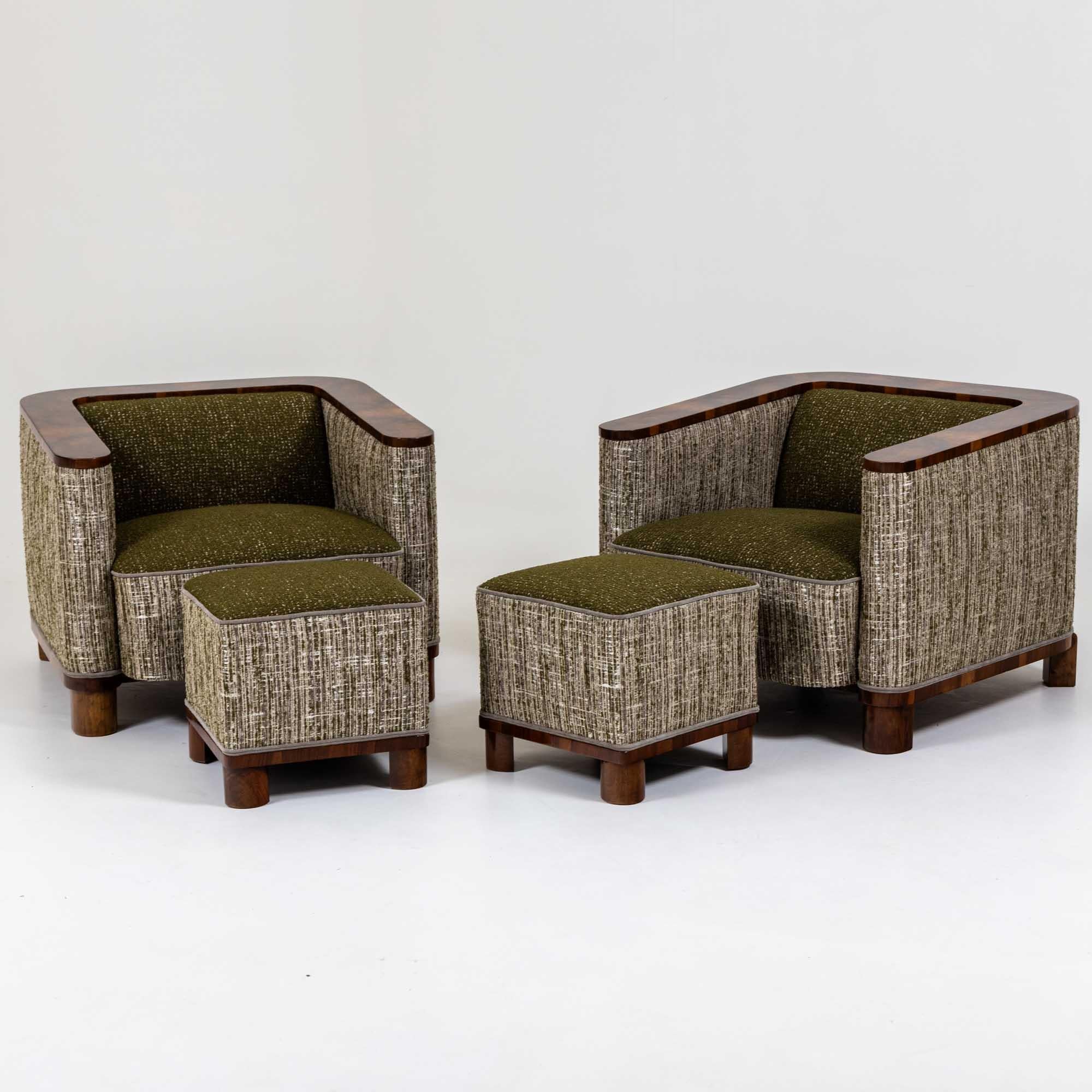 Upholstery Pair of Art Deco Armchairs with Matching Ottomans