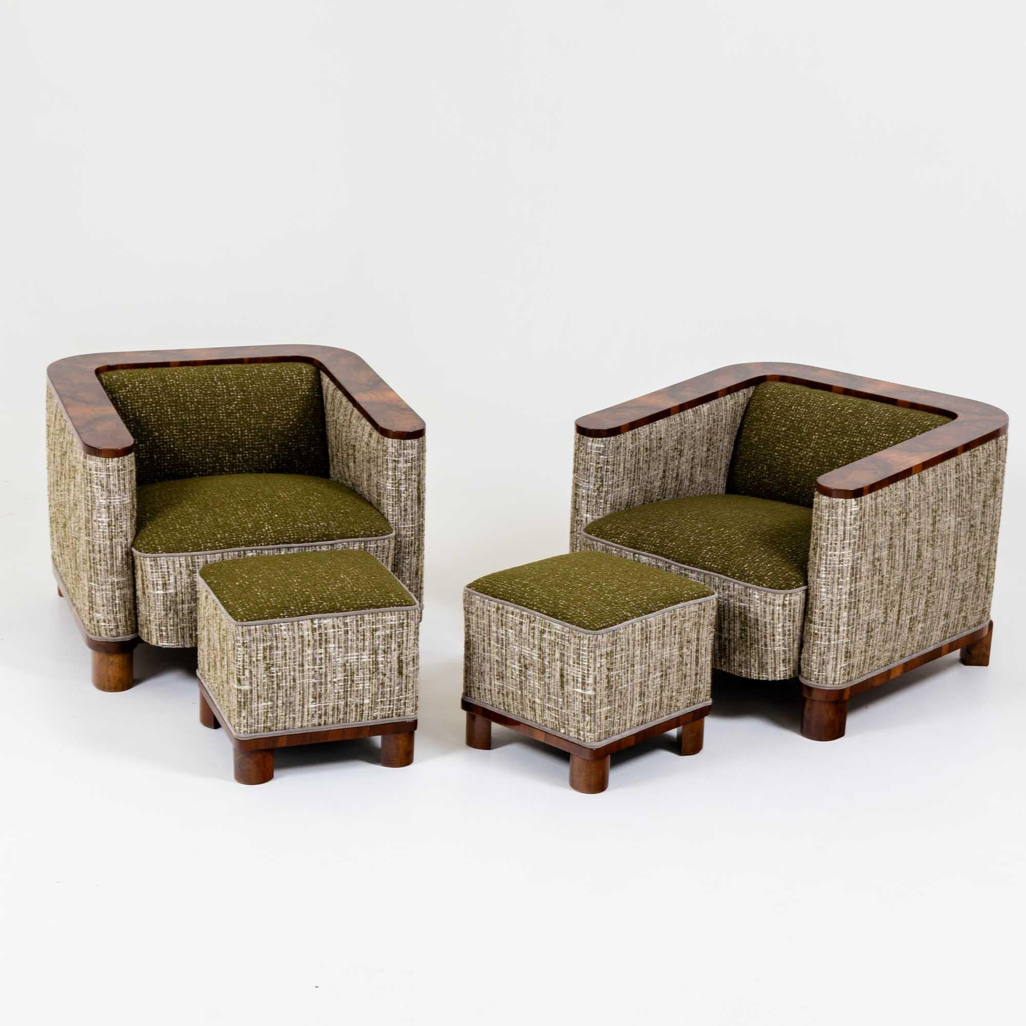 Pair of Art Deco Armchairs with Matching Ottomans 1
