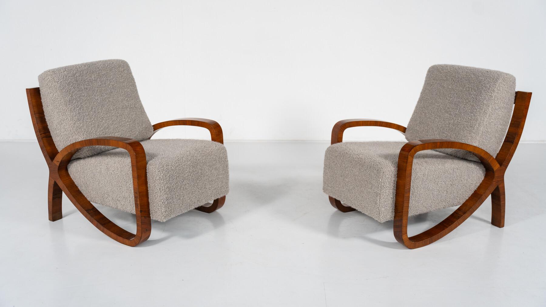 Pair of Art Deco Armchairs, Wood and Fabric - New Upholstery For Sale 1