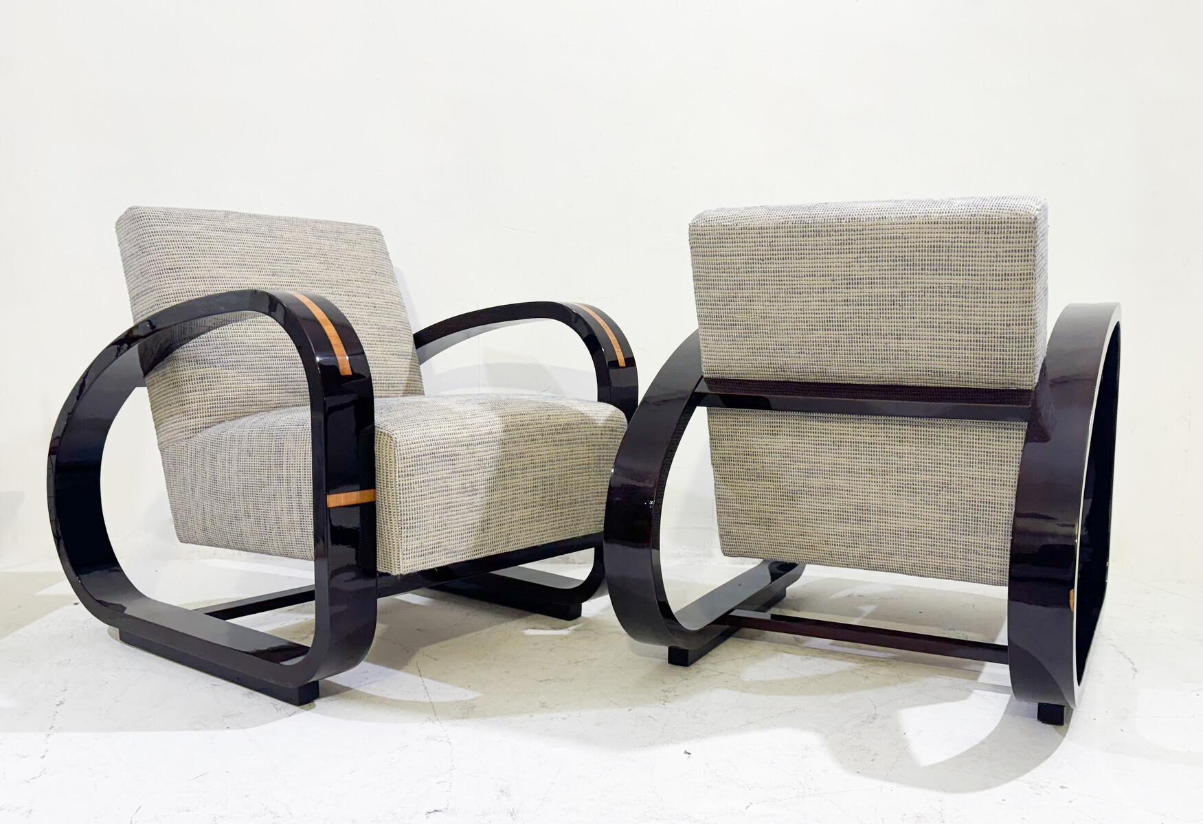 Tissu Paire de fauteuils Art Déco, bois et tissu, nouvelle tapisserie en vente