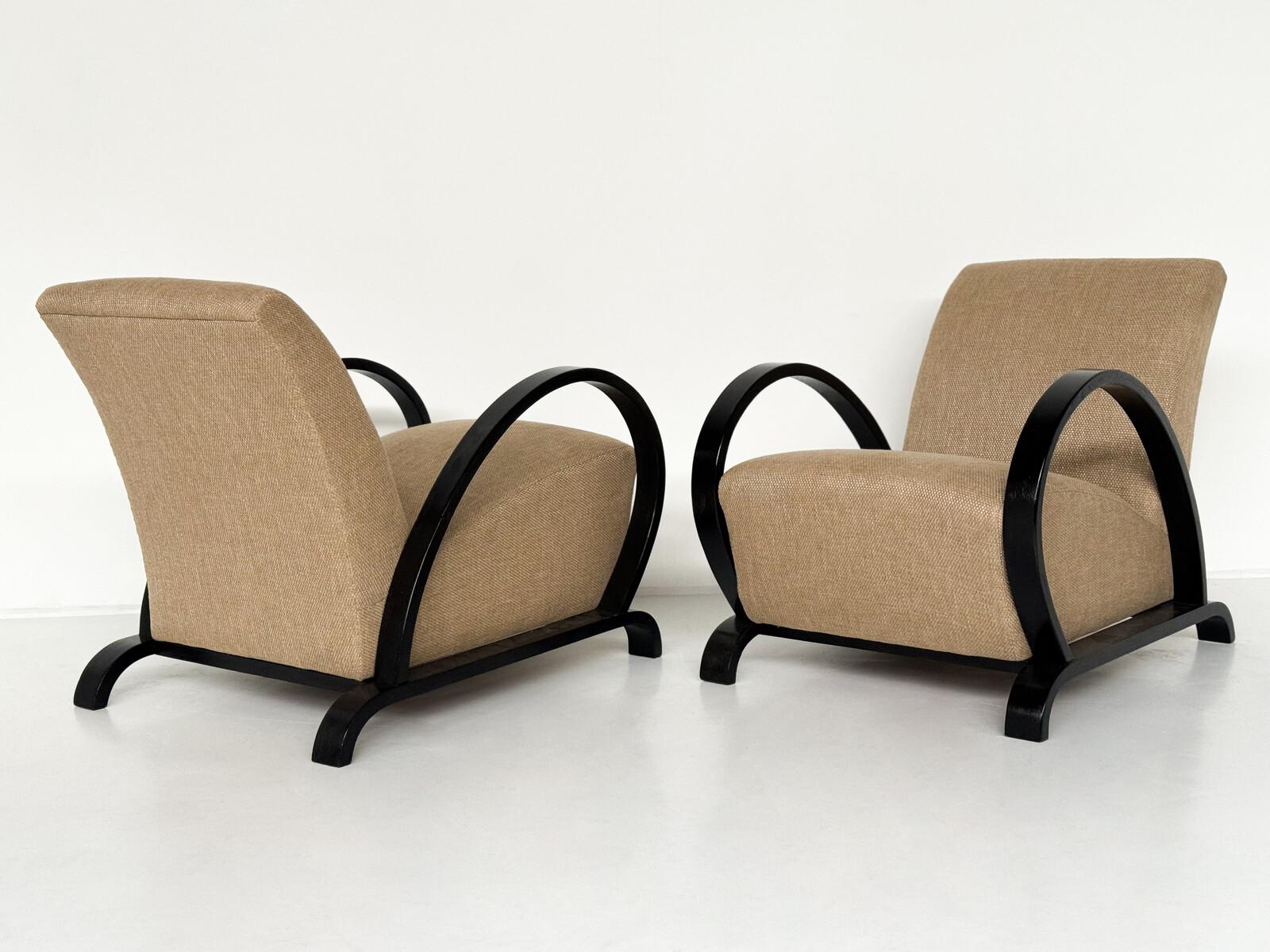 Milieu du XXe siècle Paire de fauteuils Art Déco, bois et tissu neufs en vente