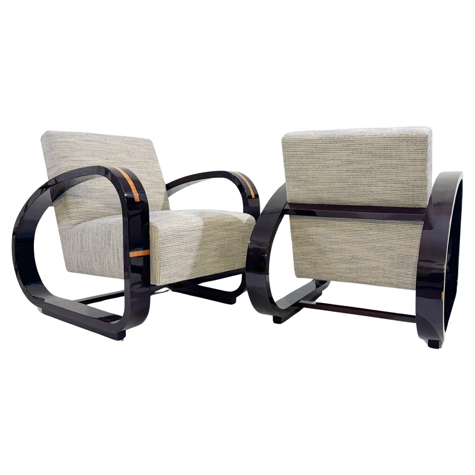 Pair of Art Deco Armchairs, Wood and Fabric, New Upholstery For Sale