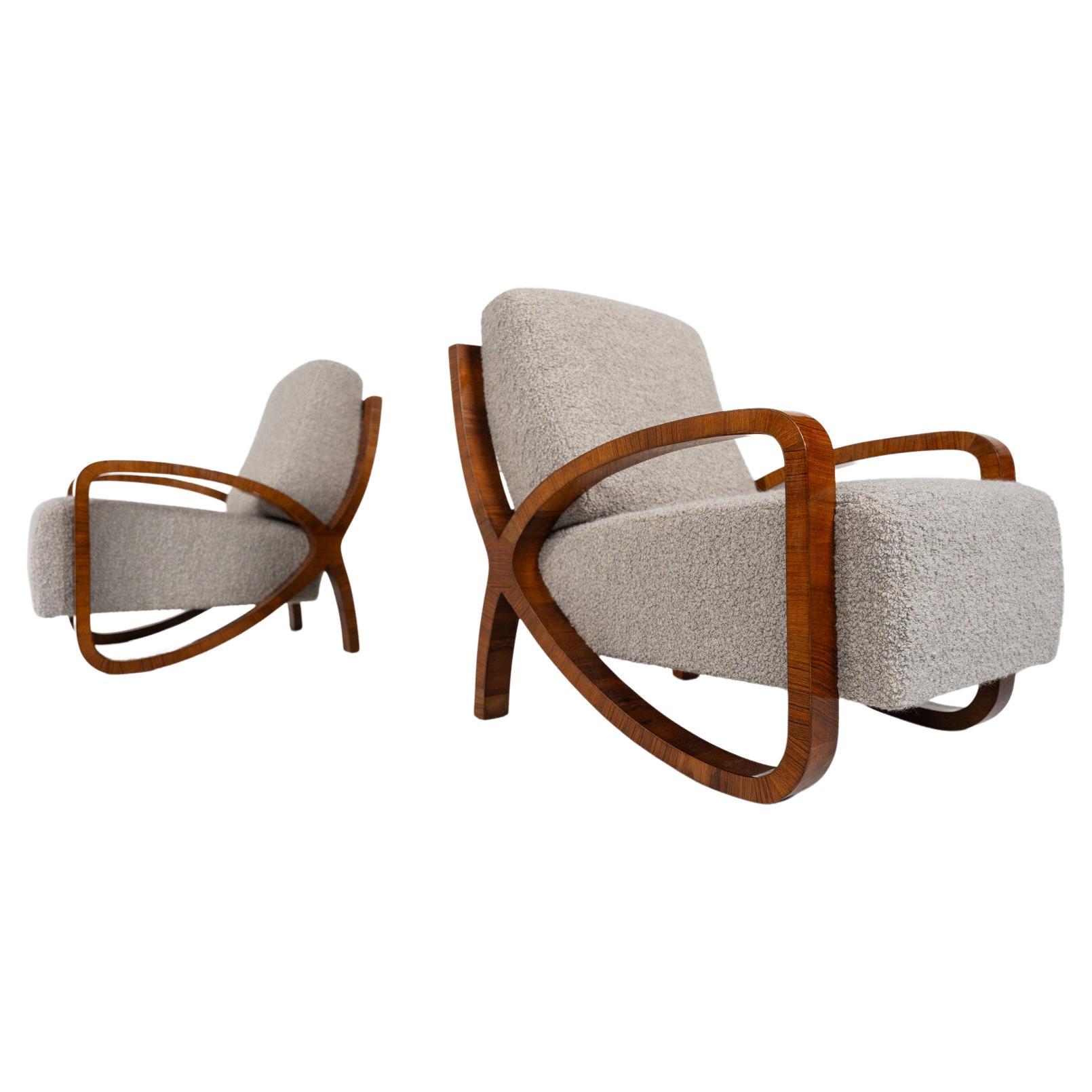 Paar Art-Déco-Sessel, Holz und Stoff – neue Polsterung