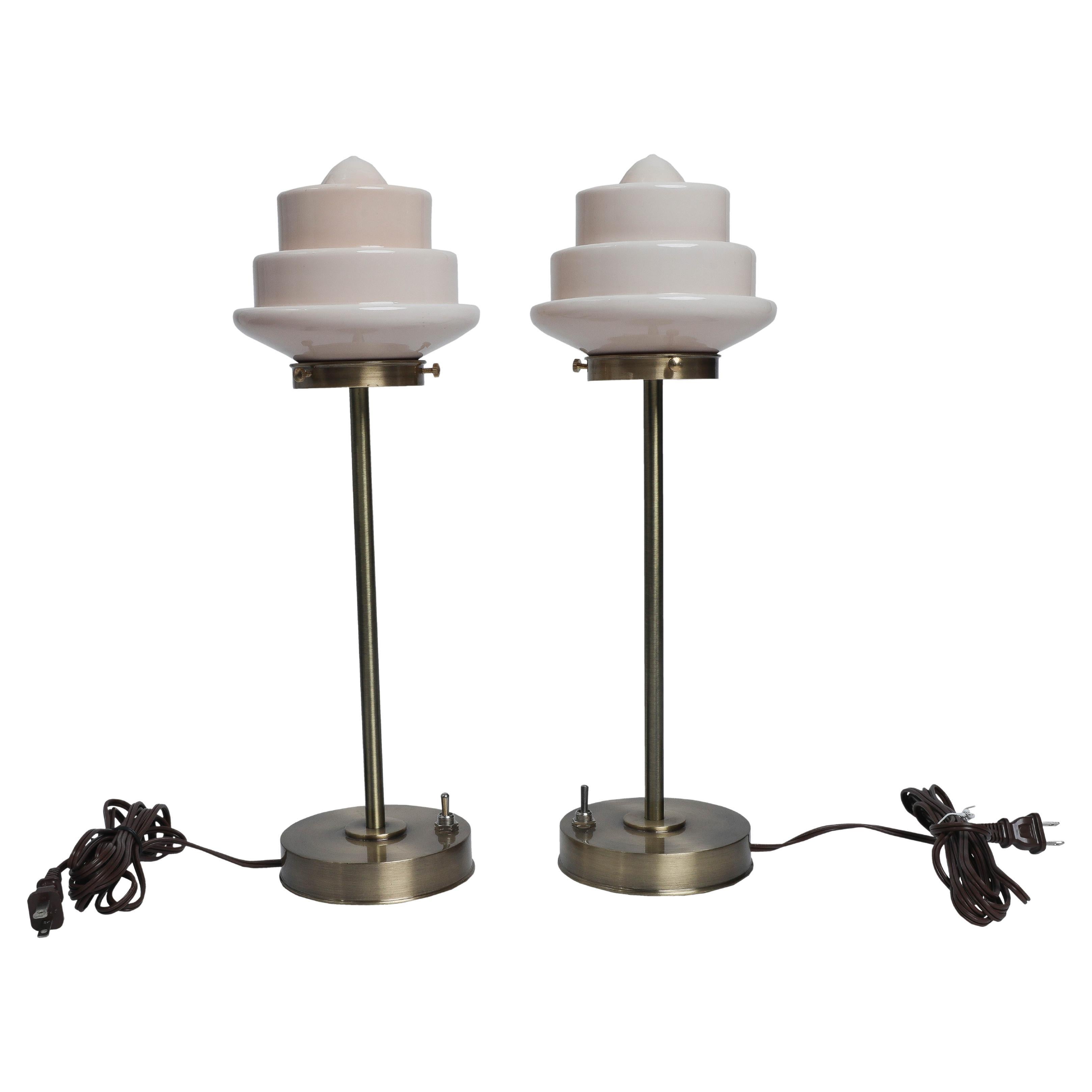 Pair of Art Deco Art Glass Shades on Brass Table Lamps