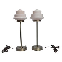 Pair of Art Deco Art Glass Shades on Brass Table Lamps
