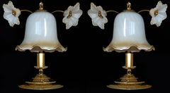 Pair of Art Deco & Art Nouveau Amber Glass Flowers Gilt Table Lamps, circa 1930