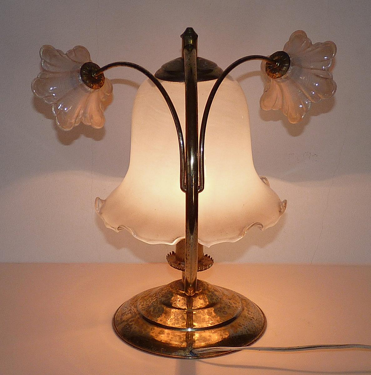 Brass Pair of Art Deco & Art Nouveau Amber Glass Flowers Gilt Table Lamps, circa 1930 For Sale