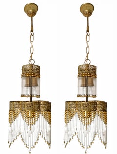 Pair of Art Deco & Art Nouveau Gilt Chandeliers with Amber Beads & Glass Fringe