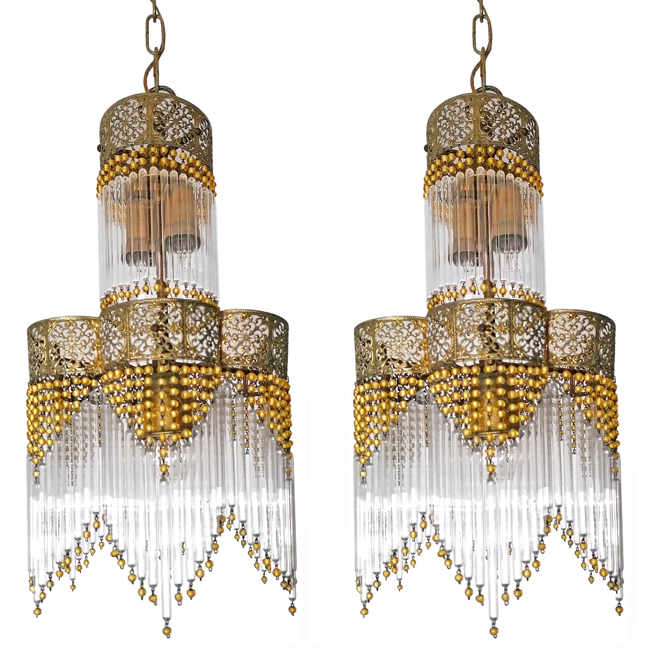 French Pair of Art Deco & Art Nouveau Gilt Chandeliers with Amber Beads & Glass Fringe