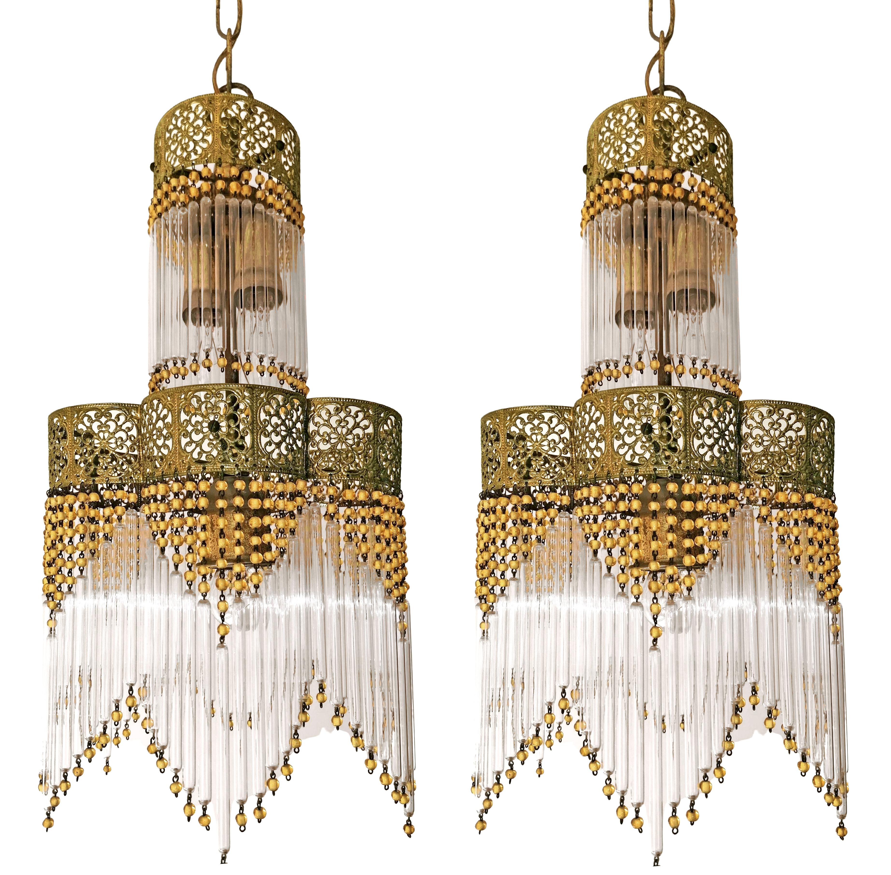 Beaded Pair of Art Deco & Art Nouveau Gilt Chandeliers with Amber Beads & Glass Fringe