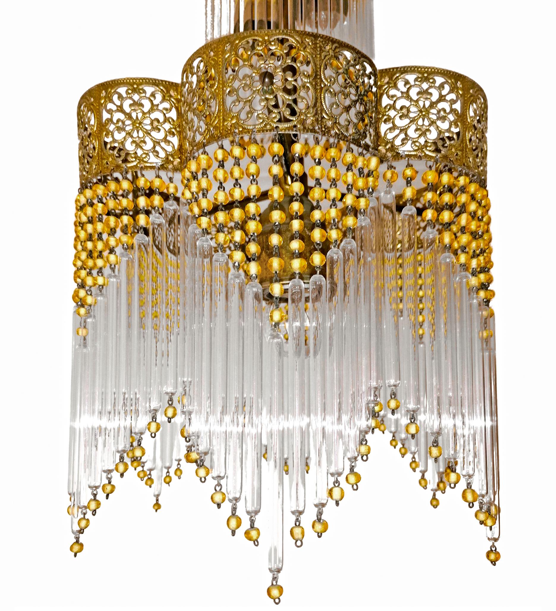 Pair of Art Deco & Art Nouveau Gilt Chandeliers with Amber Beads & Glass Fringe In Good Condition In Coimbra, PT