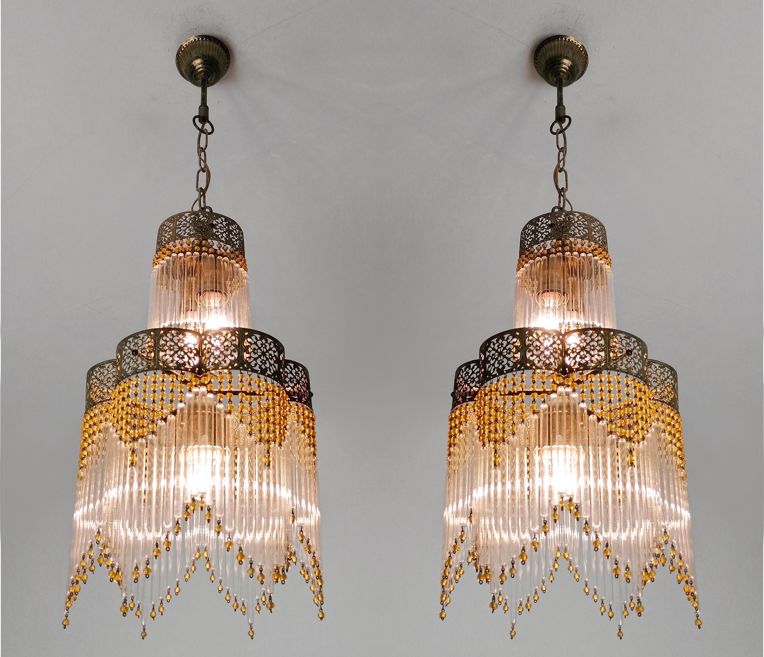 20th Century Pair of Art Deco & Art Nouveau Gilt Chandeliers with Amber Beads & Glass Fringe