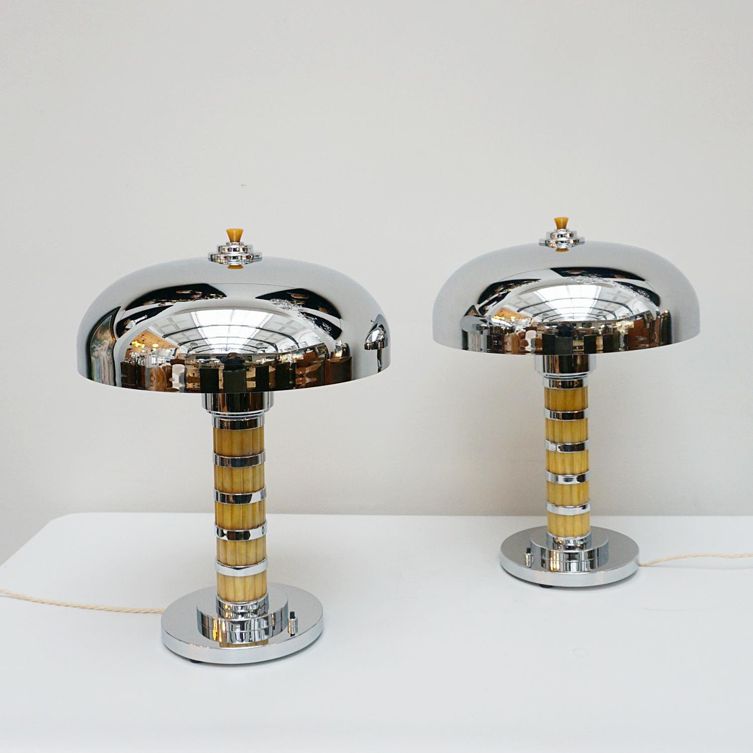 English Pair of Art Deco Bakelite and Chrome Dome Lamps 