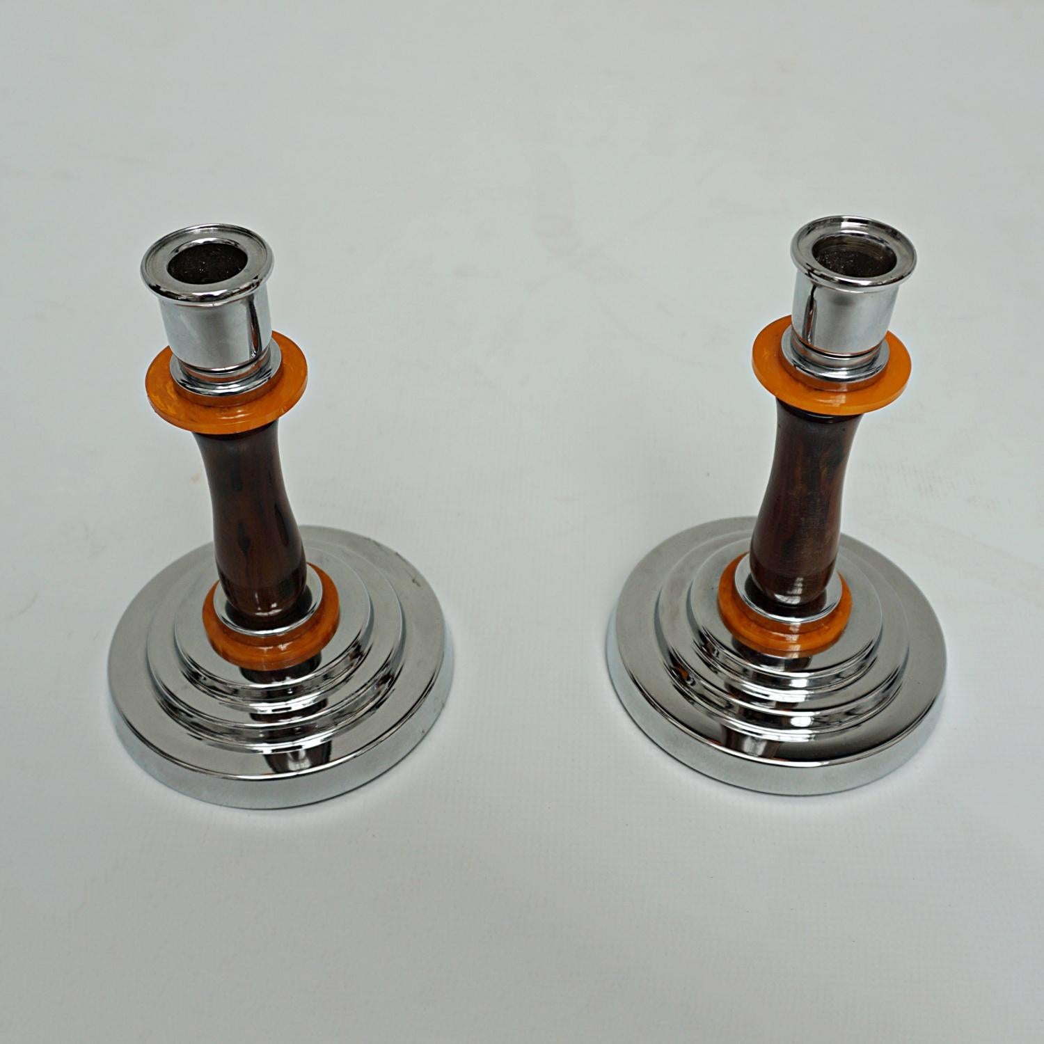 Pair of Art `Deco Bakelite and Chromed Metal Candlesticks  In Excellent Condition In Forest Row, East Sussex