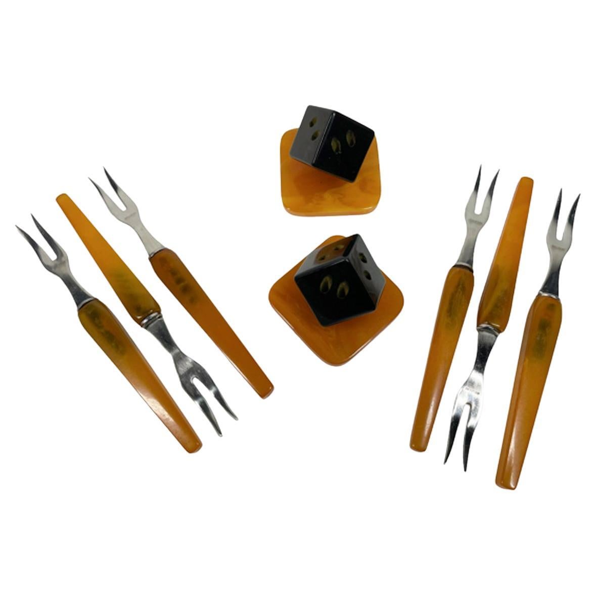 Pair of Art Deco Bakelite Appetizer Fork Sets, Each 3 Forks in a Cube-Form Stand For Sale
