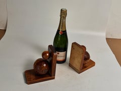 Pair of Art Deco Balls Book ends, Wood, Brown France, 1940 Signed