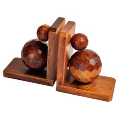 Pair of Art Deco Balls Book ends, Wood, Brown France, 1940 Signed
